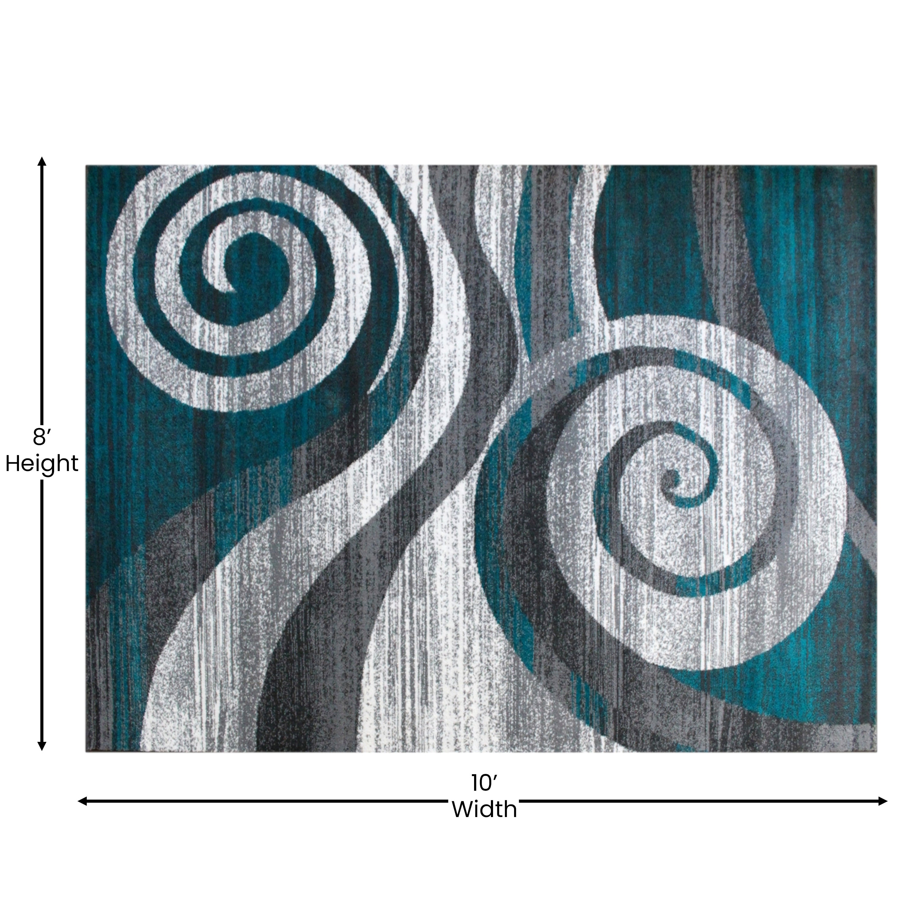 Cirrus Collection 8' x 10' Turquoise Swirl Patterned Olefin Area Rug with Jute Backing for Entryway, Living Room, Bedroom