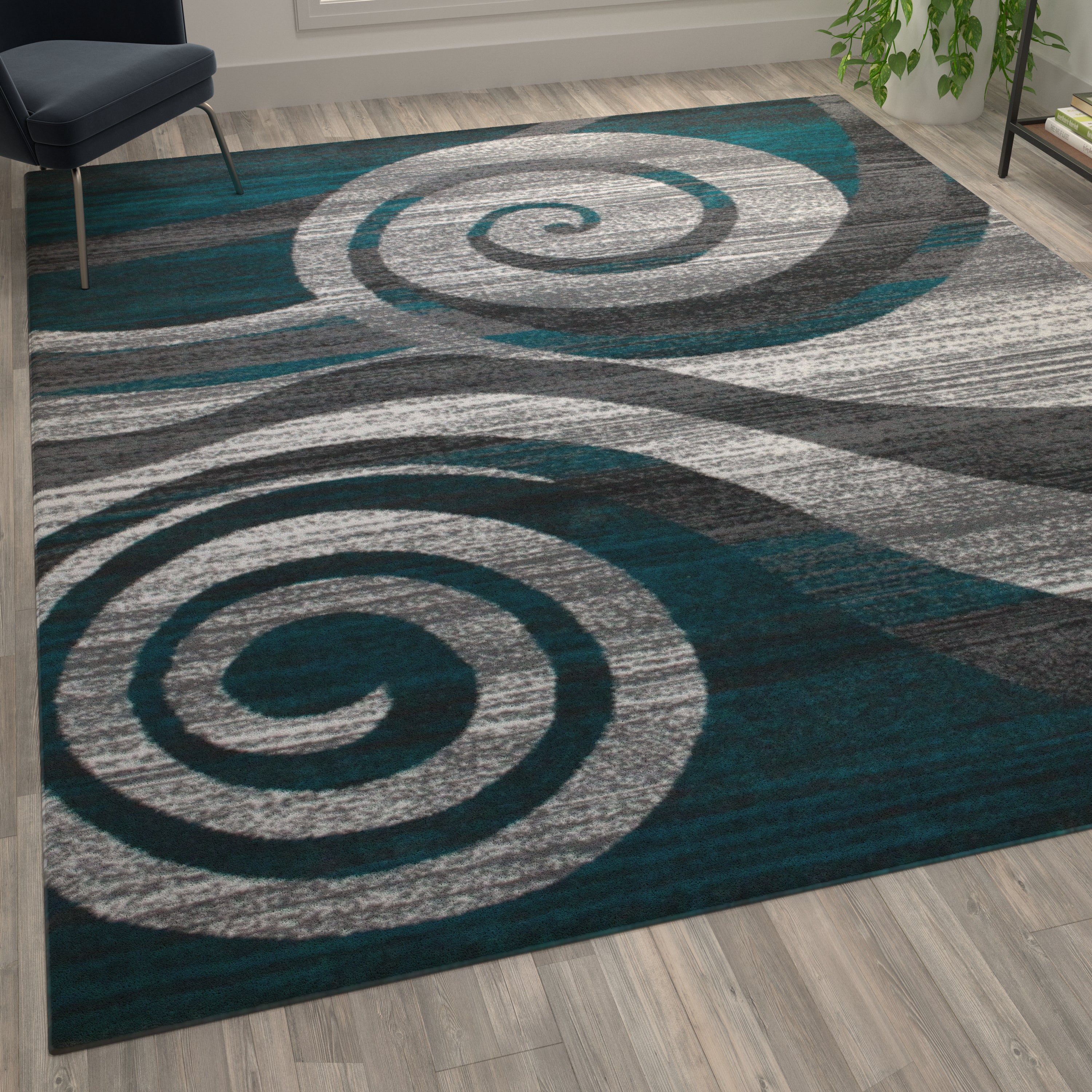 Cirrus Collection 8' x 10' Turquoise Swirl Patterned Olefin Area Rug with Jute Backing for Entryway, Living Room, Bedroom