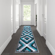 Teagan Collection Southwestern 2' x 11' Turquoise Area Rug - Olefin Rug with Jute Backing - Entryway, Living Room, Bedroom