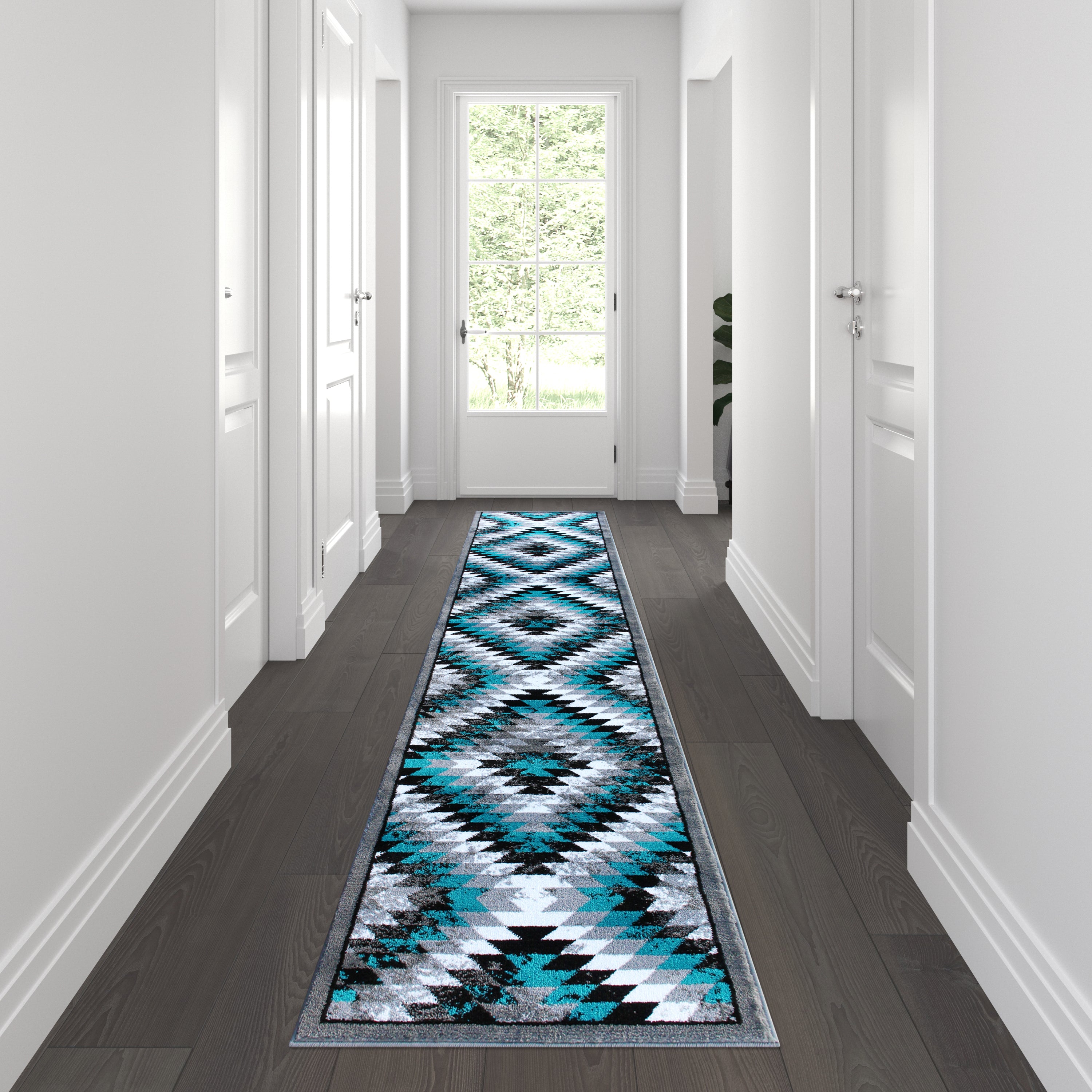 Teagan Collection Southwestern 2' x 11' Turquoise Area Rug - Olefin Rug with Jute Backing - Entryway, Living Room, Bedroom