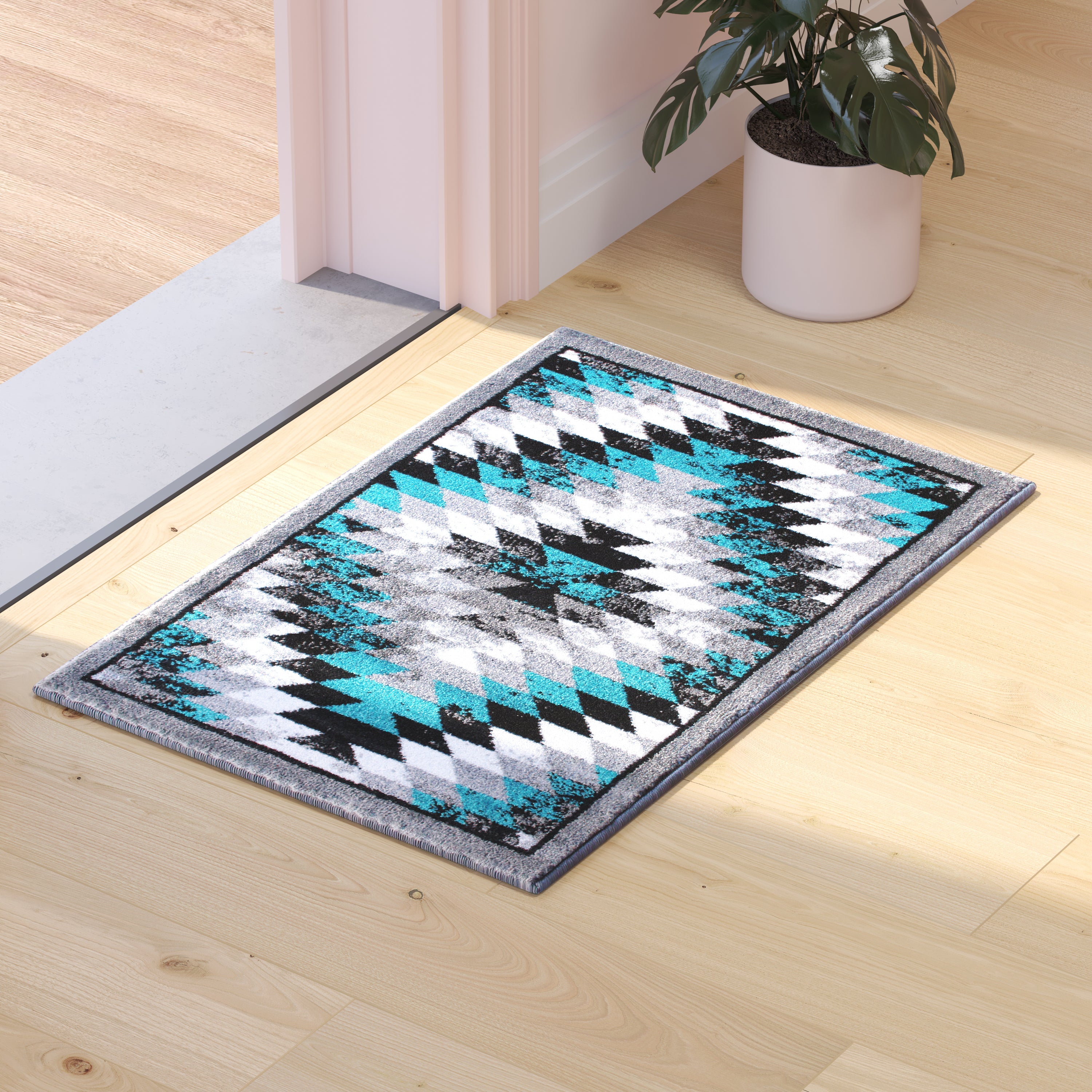 Teagan Collection Southwestern 2' x 3' Turquoise Area Rug - Olefin Rug with Jute Backing - Entryway, Living Room, Bedroom