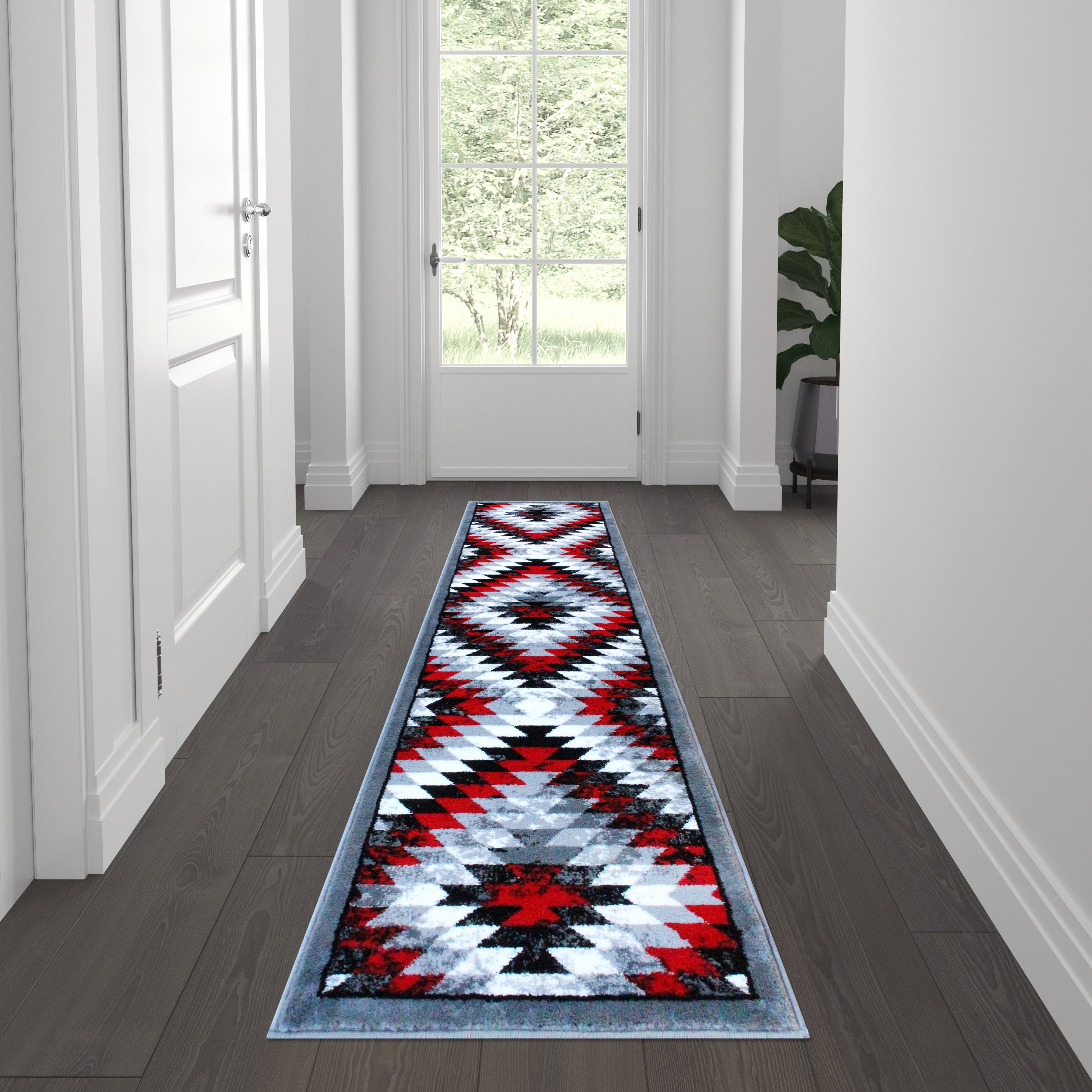 Teagan Collection Southwestern 2' x 7' Red Area Rug - Olefin Rug with Jute Backing - Entryway, Living Room, Bedroom