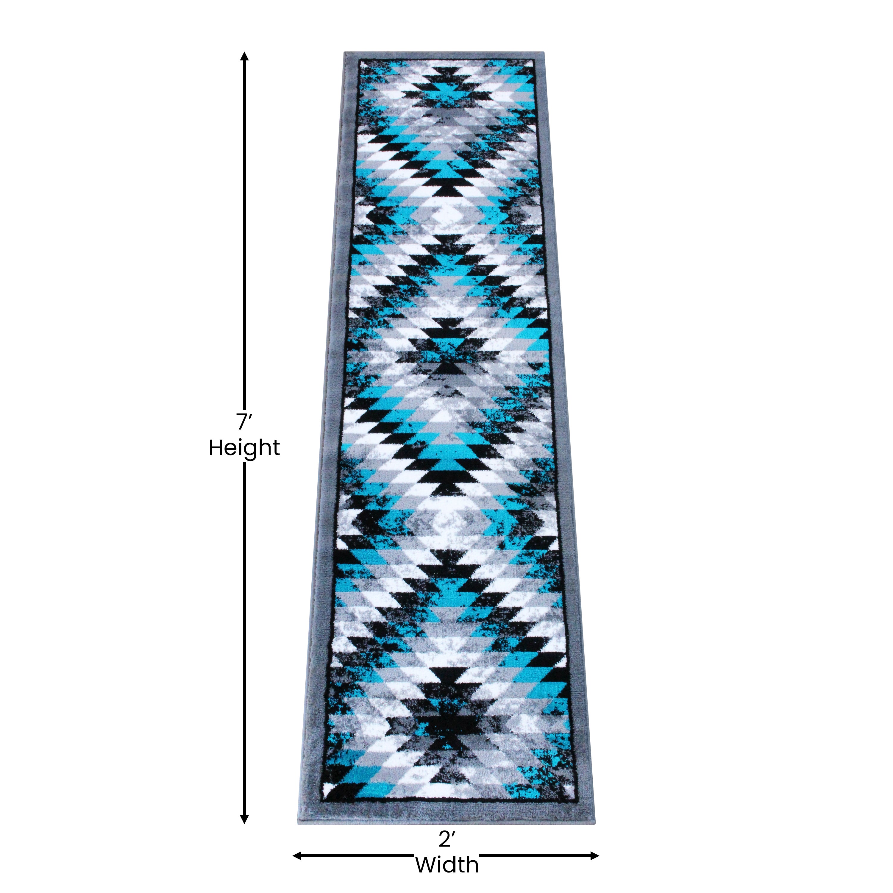Teagan Collection Southwestern 2' x 7' Turquoise Area Rug - Olefin Rug with Jute Backing - Entryway, Living Room, Bedroom