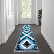 Teagan Collection Southwestern 2' x 7' Turquoise Area Rug - Olefin Rug with Jute Backing - Entryway, Living Room, Bedroom