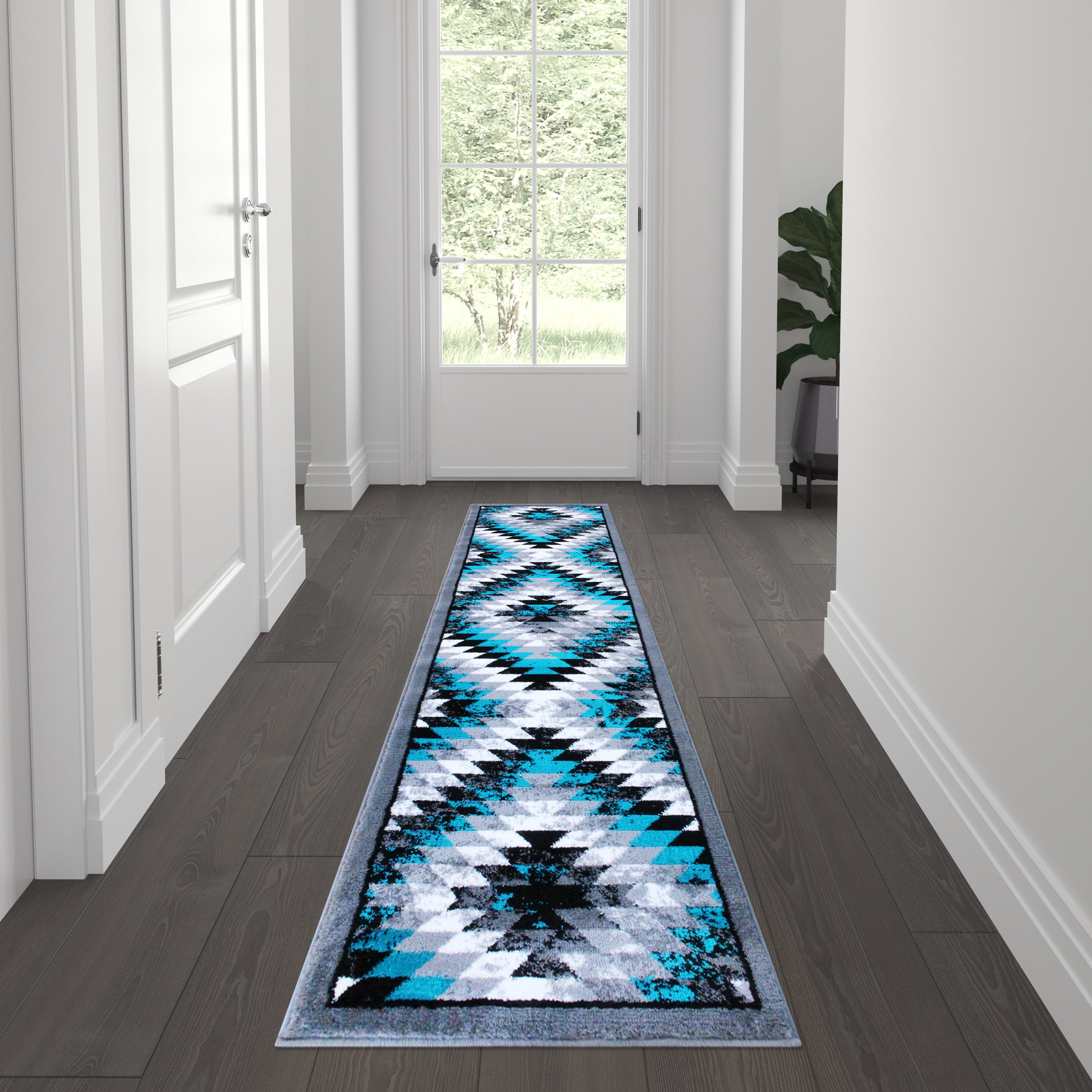 Teagan Collection Southwestern 2' x 7' Turquoise Area Rug - Olefin Rug with Jute Backing - Entryway, Living Room, Bedroom