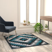 Teagan Collection Southwestern 4' x 5' Turquoise Area Rug - Olefin Rug with Jute Backing - Entryway, Living Room, Bedroom