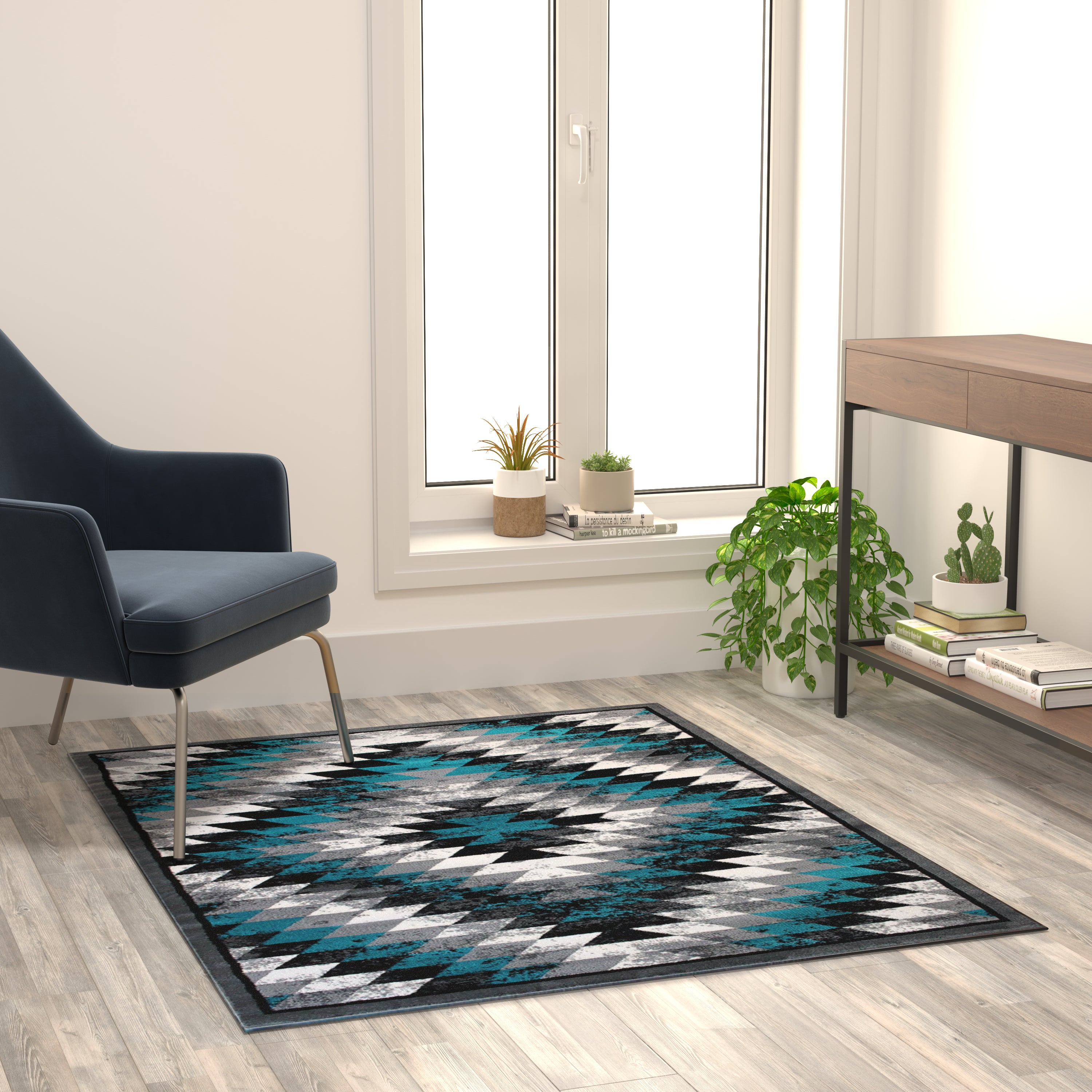 Teagan Collection Southwestern 4' x 5' Turquoise Area Rug - Olefin Rug with Jute Backing - Entryway, Living Room, Bedroom