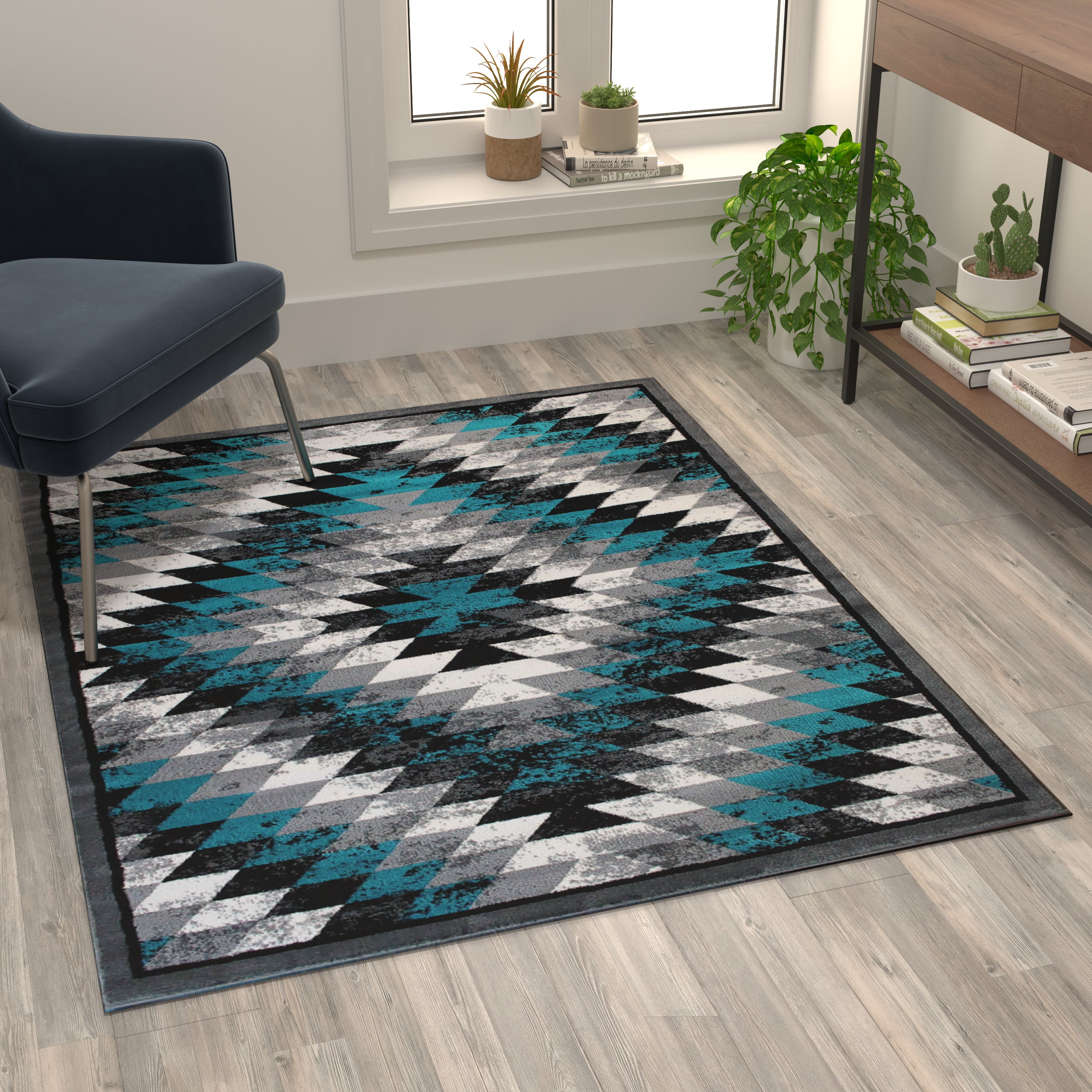 Teagan Collection Southwestern 4' x 5' Turquoise Area Rug - Olefin Rug with Jute Backing - Entryway, Living Room, Bedroom