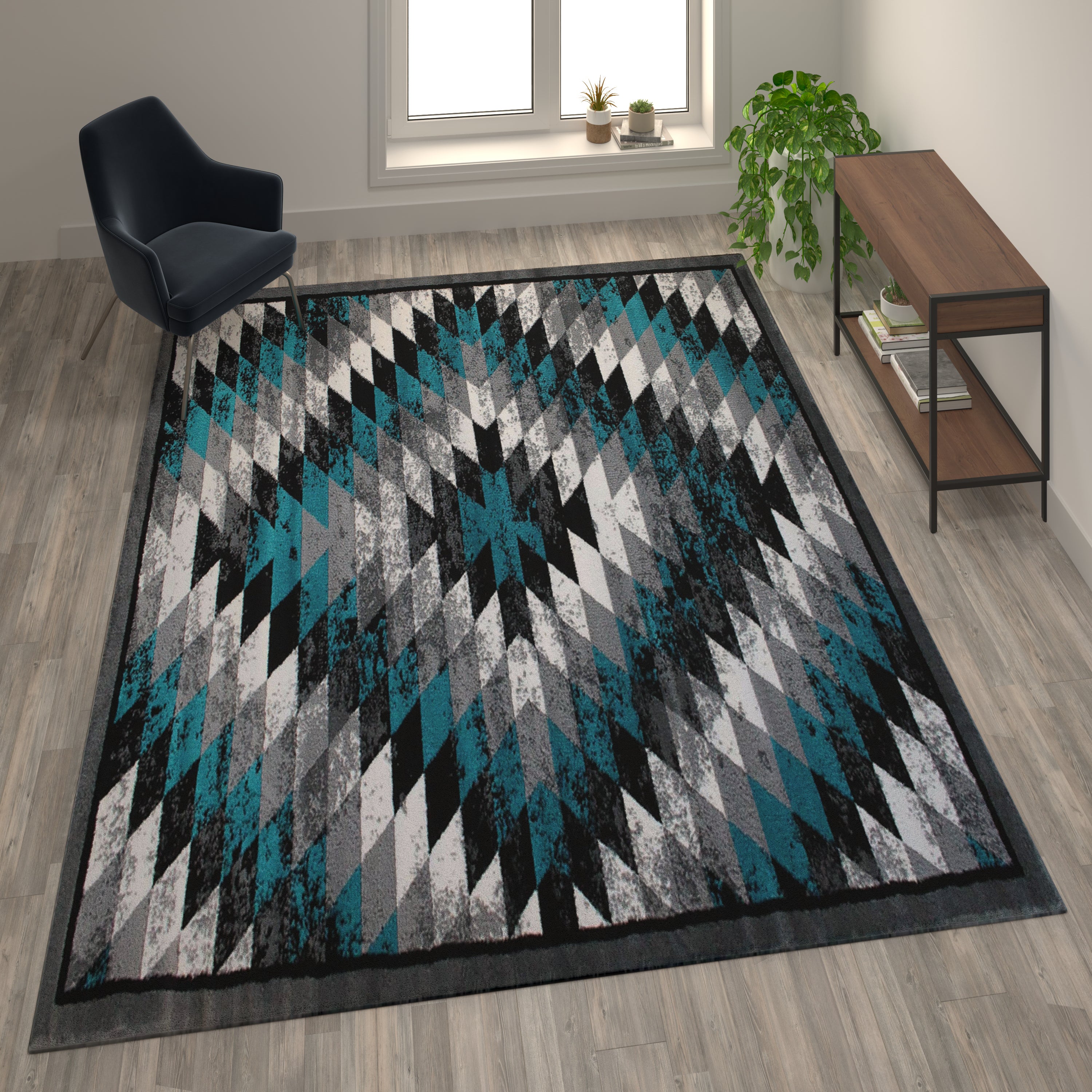 Teagan Collection Southwestern 5' x 7' Turquoise Area Rug - Olefin Rug with Jute Backing - Entryway, Living Room, Bedroom