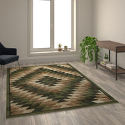 Teagan Collection Southwestern 6' x 9' Green Area Rug - Olefin Rug with Jute Backing - Entryway, Living Room, Bedroom