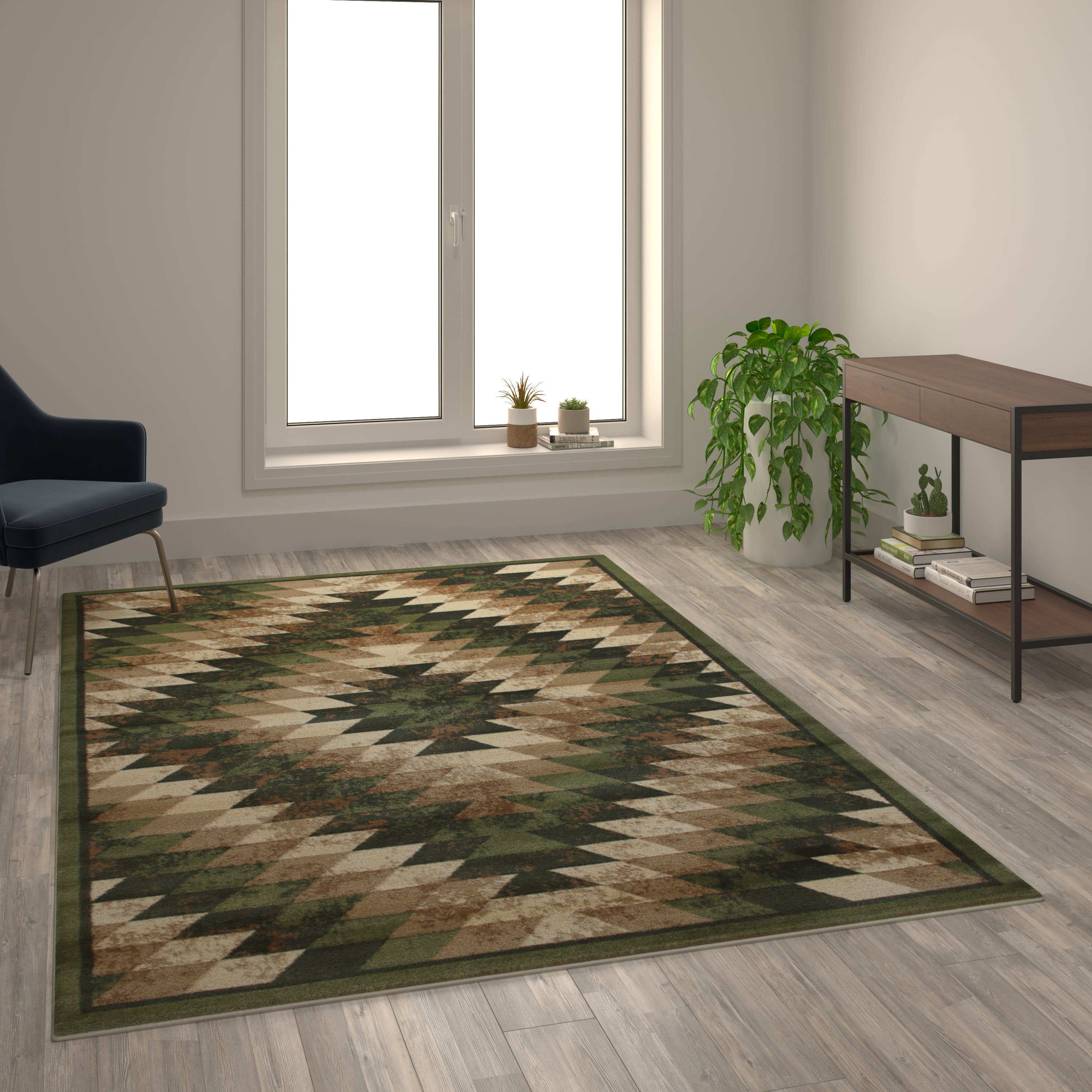 Teagan Collection Southwestern 6' x 9' Green Area Rug - Olefin Rug with Jute Backing - Entryway, Living Room, Bedroom