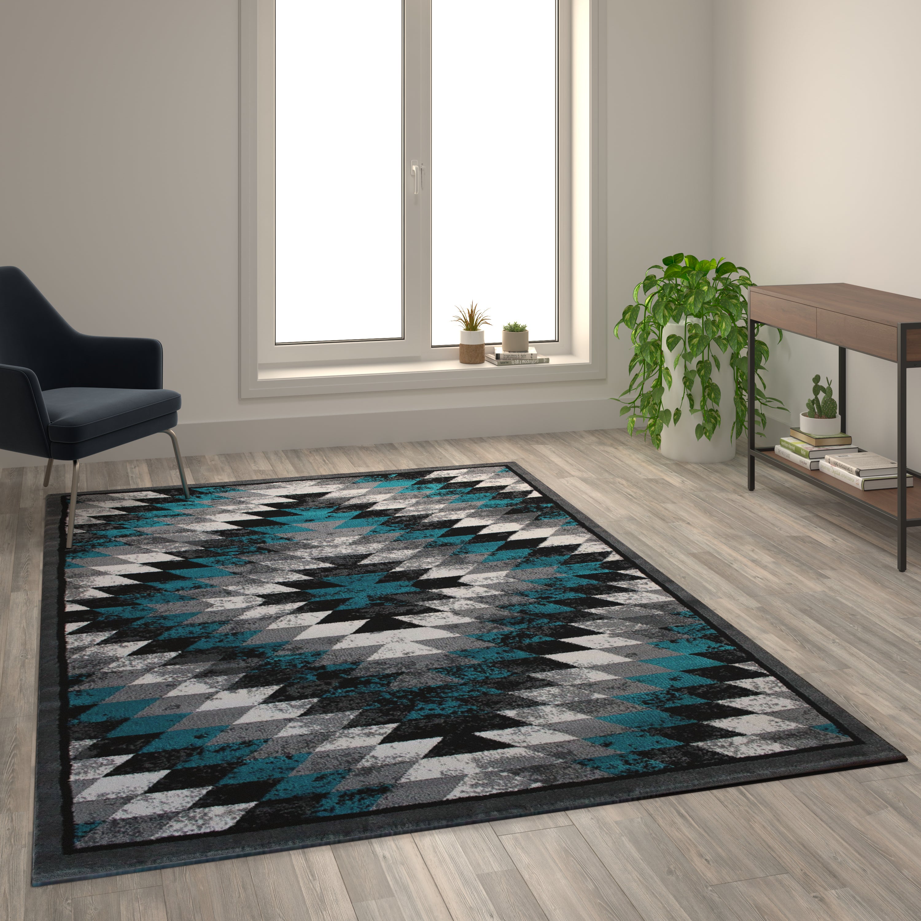 Teagan Collection Southwestern 6' x 9' Turquoise Area Rug - Olefin Rug with Jute Backing - Entryway, Living Room, Bedroom