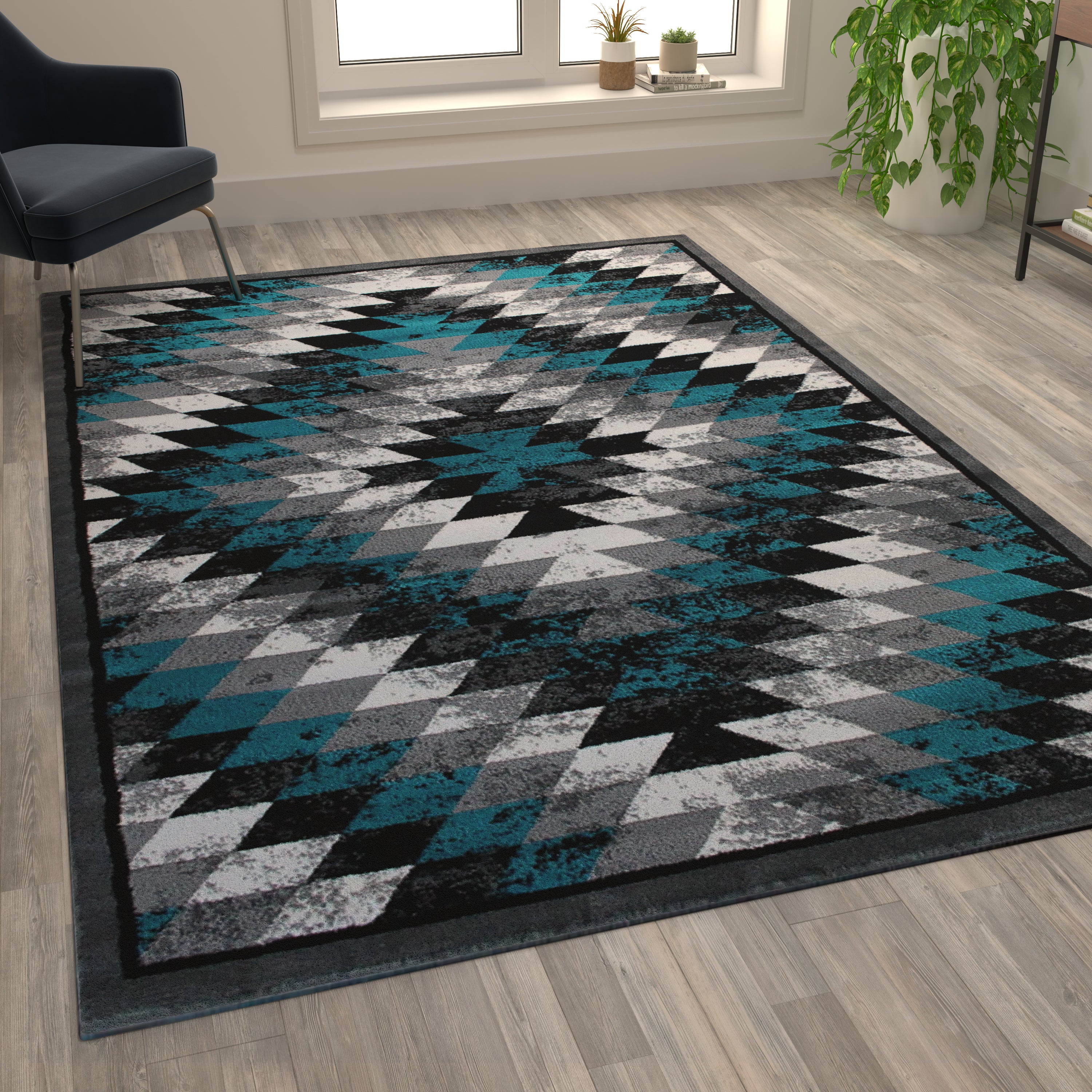 Teagan Collection Southwestern 6' x 9' Turquoise Area Rug - Olefin Rug with Jute Backing - Entryway, Living Room, Bedroom