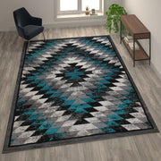 Teagan Collection Southwestern 8' x 10' Turquoise Area Rug - Olefin Rug with Jute Backing - Entryway, Living Room, Bedroom