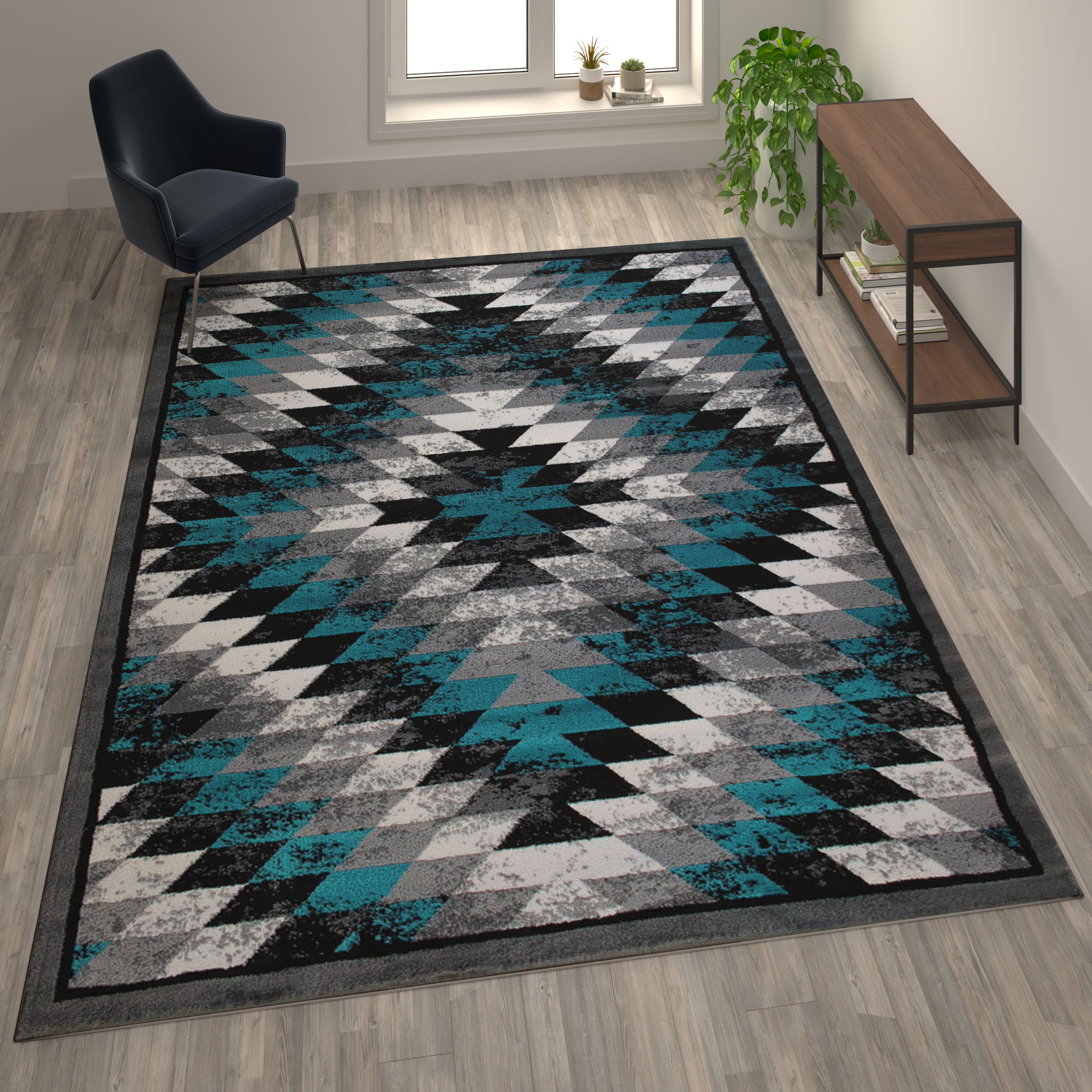 Teagan Collection Southwestern 8' x 10' Turquoise Area Rug - Olefin Rug with Jute Backing - Entryway, Living Room, Bedroom