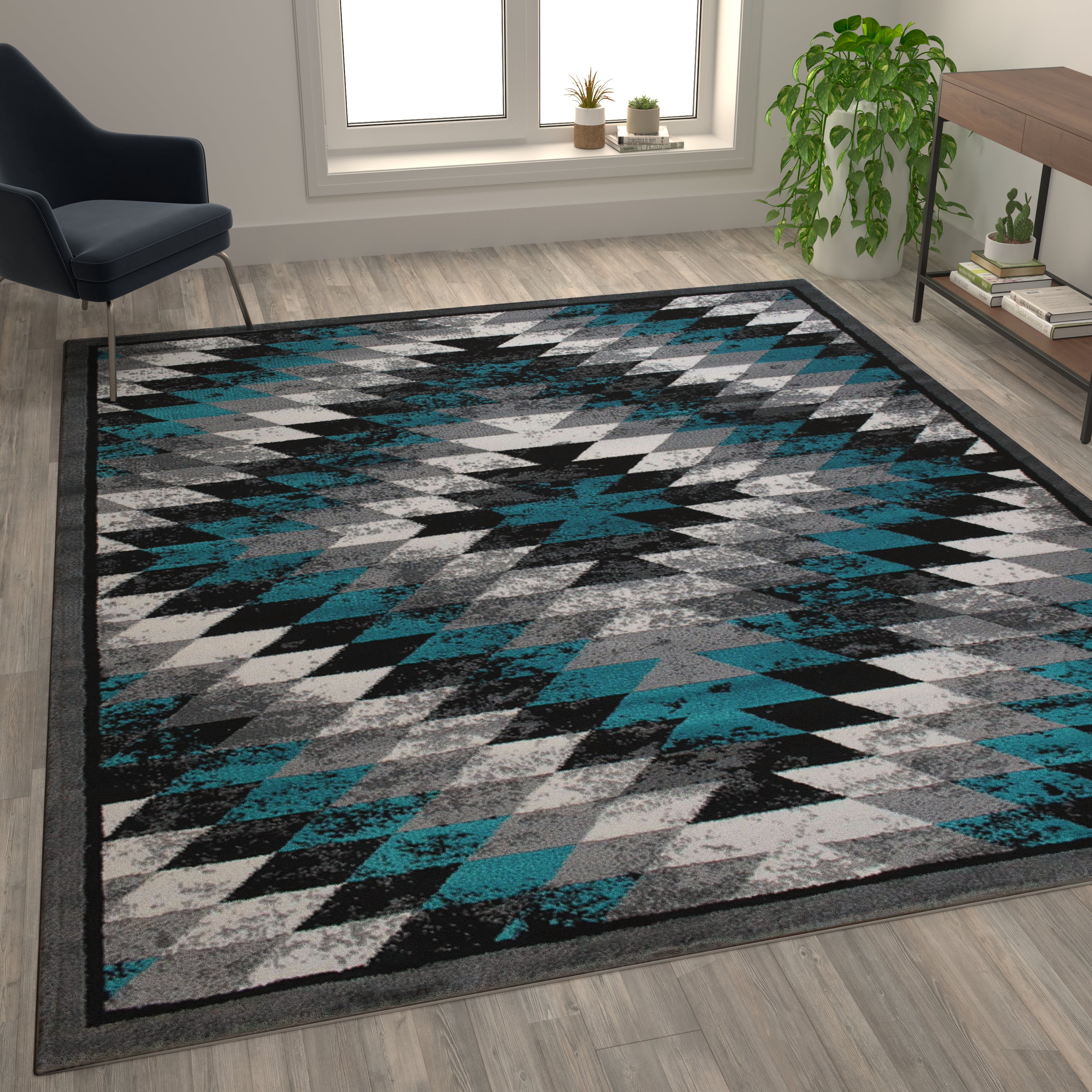 Teagan Collection Southwestern 8' x 10' Turquoise Area Rug - Olefin Rug with Jute Backing - Entryway, Living Room, Bedroom