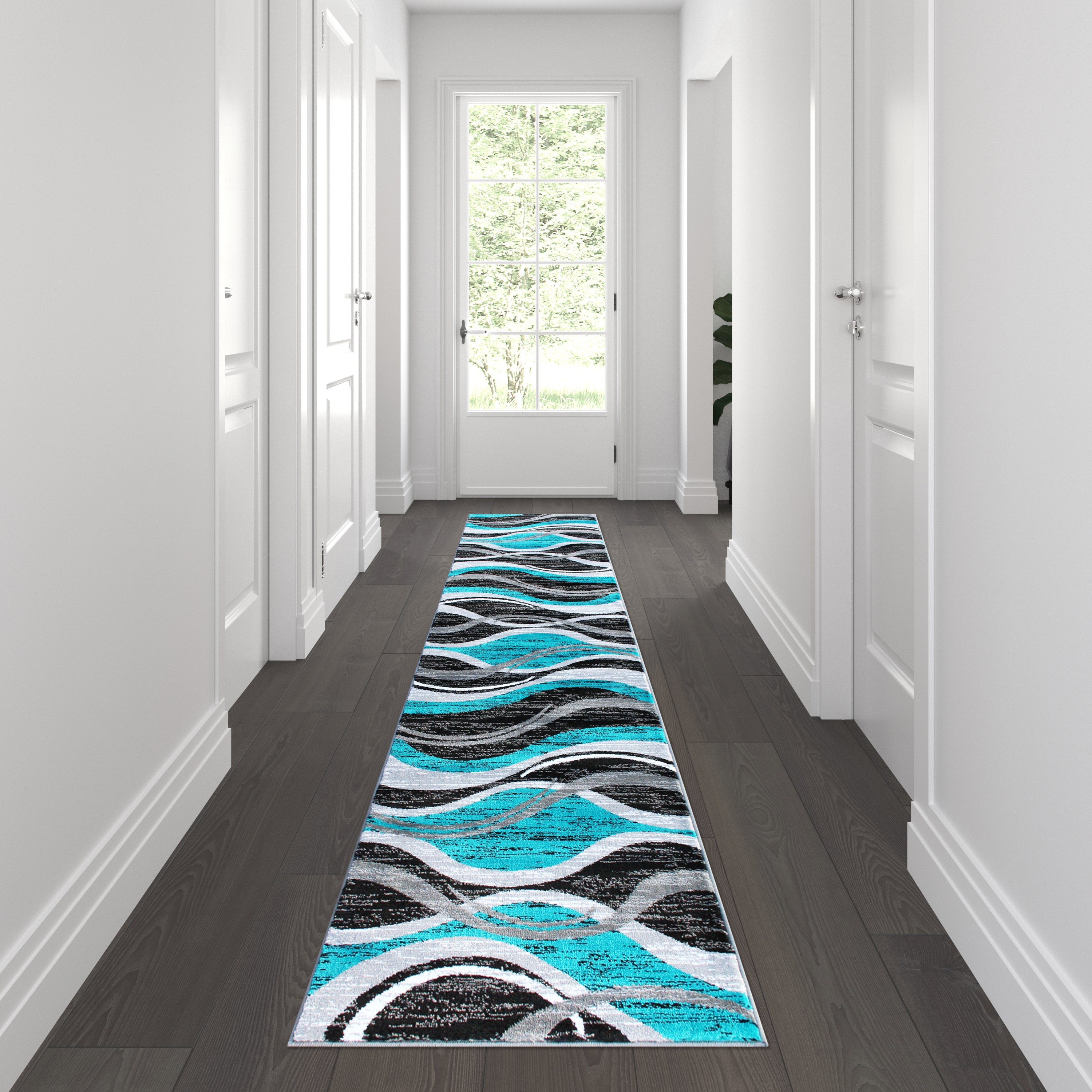 Wisp Collection 2' x 11' Turquoise Rippled Olefin Area Rug with Jute Backing for Entryway, Living Room, Bedroom