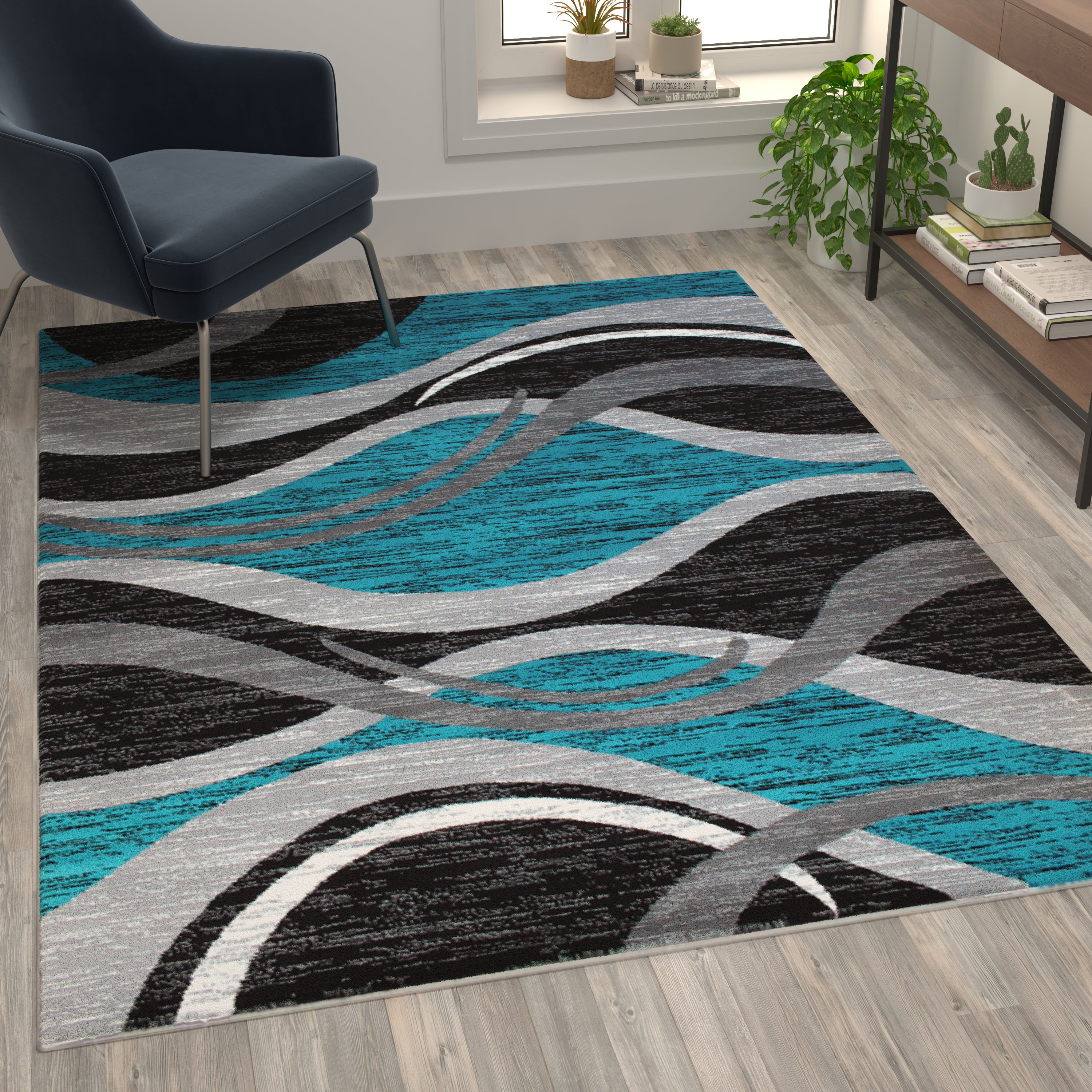Wisp Collection 5' x 7' Turquoise Rippled Olefin Area Rug with Jute Backing for Entryway, Living Room, Bedroom