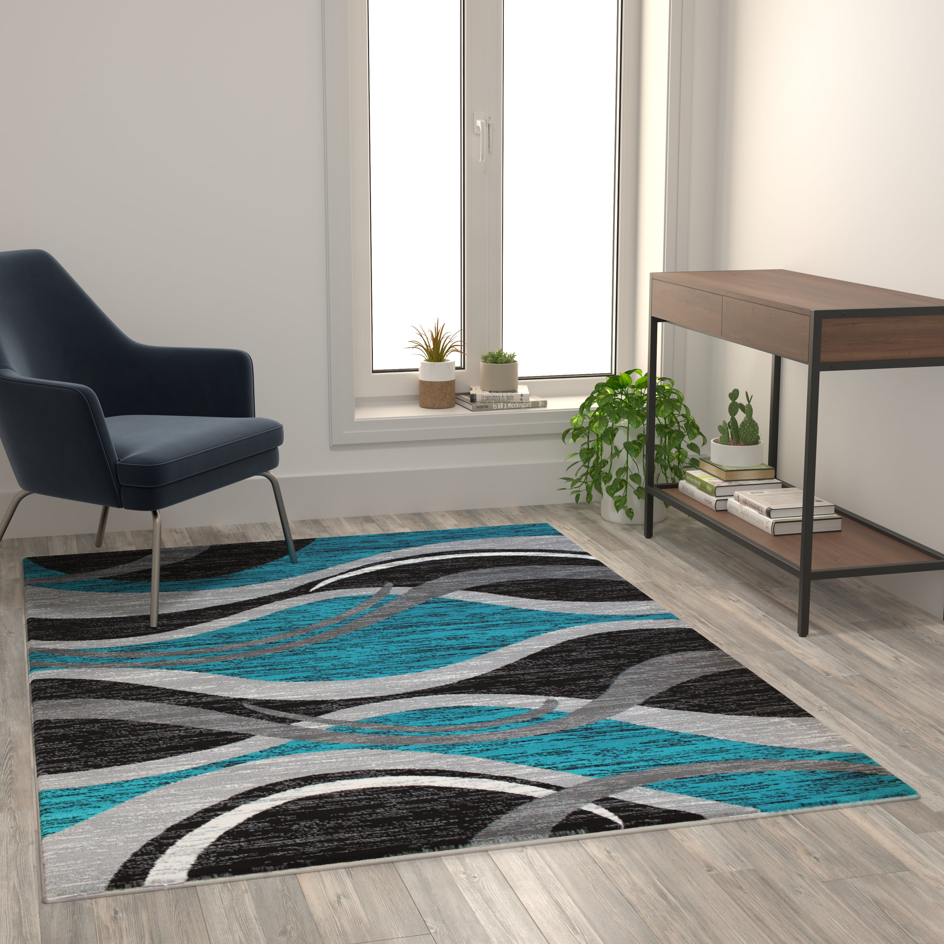 Wisp Collection 5' x 7' Turquoise Rippled Olefin Area Rug with Jute Backing for Entryway, Living Room, Bedroom