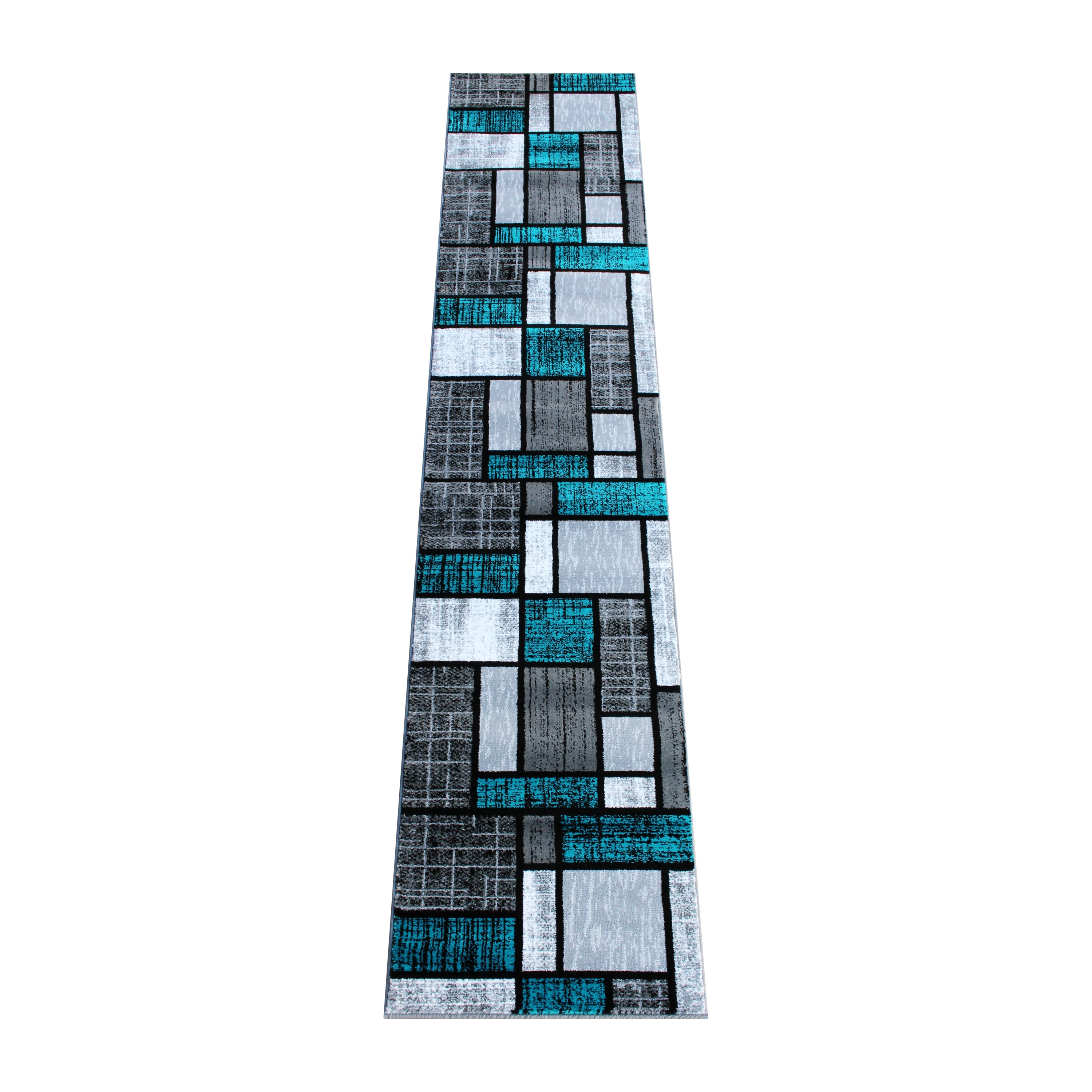 Raven Collection 2' x 11' Turquoise Color Bricked Olefin Area Rug with Jute Backing for Entryway, Living Room, Bedroom
