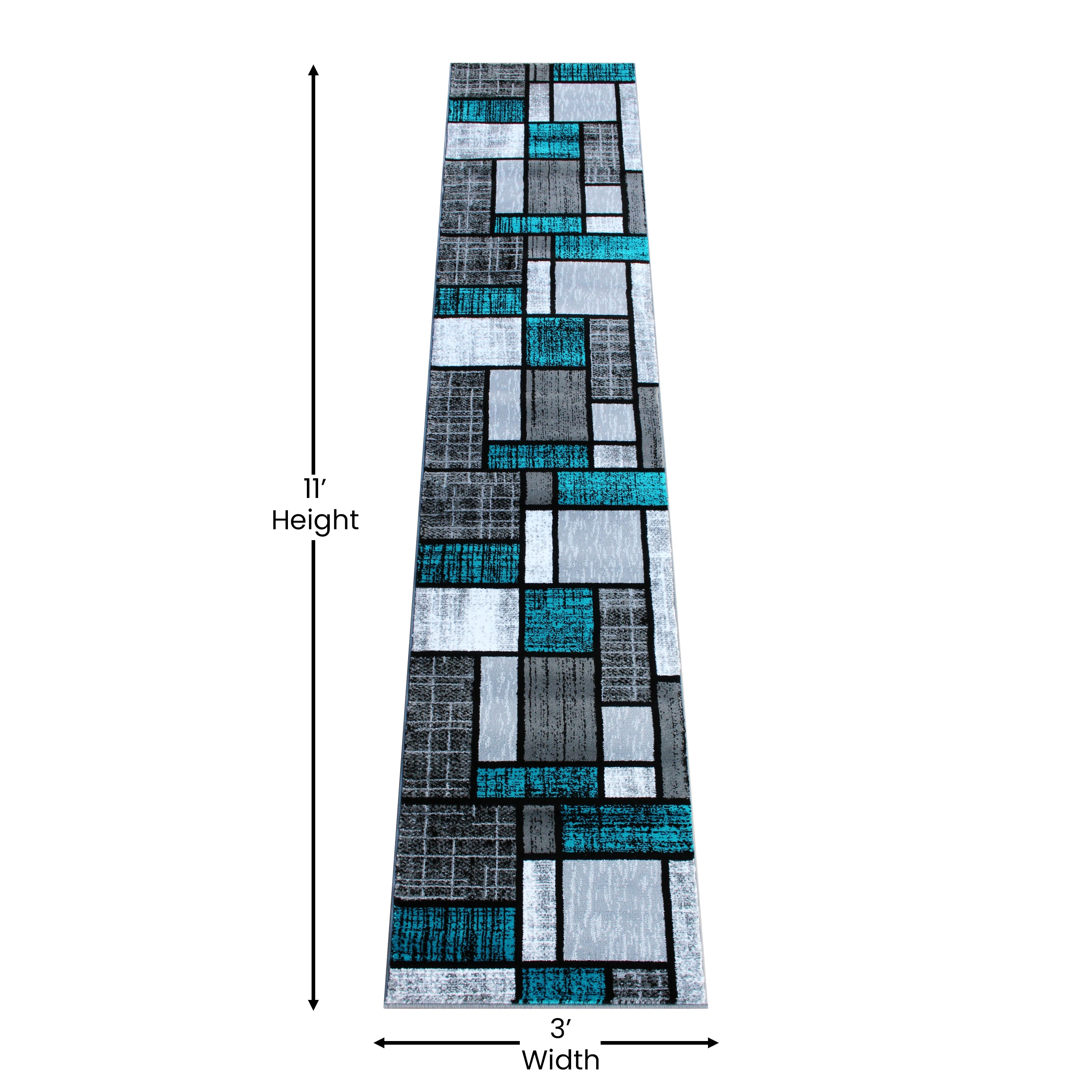 Raven Collection 2' x 11' Turquoise Color Bricked Olefin Area Rug with Jute Backing for Entryway, Living Room, Bedroom