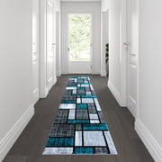 Raven Collection 2' x 11' Turquoise Color Bricked Olefin Area Rug with Jute Backing for Entryway, Living Room, Bedroom