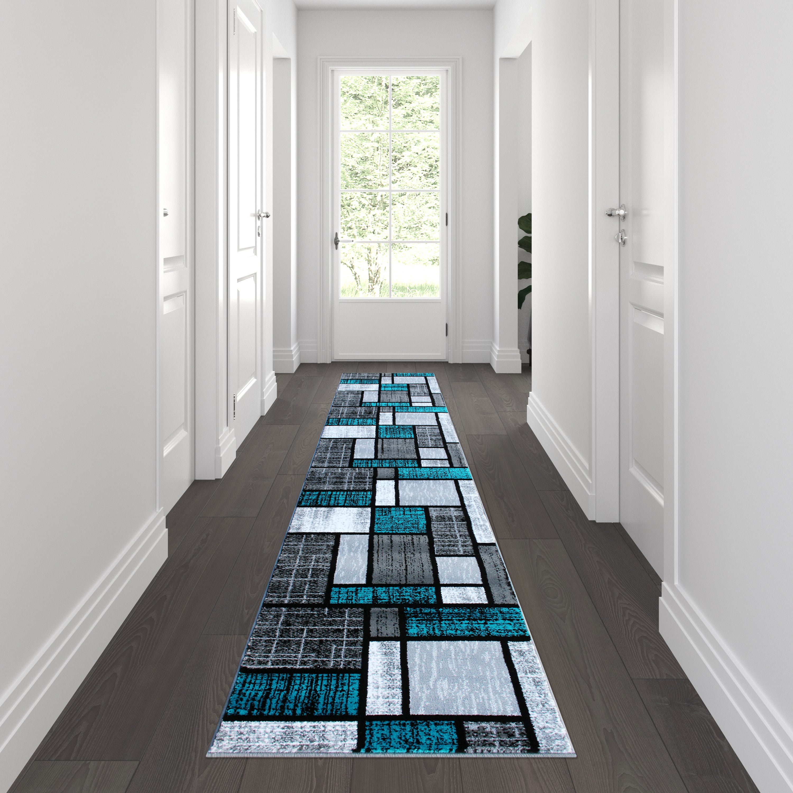 Raven Collection 2' x 11' Turquoise Color Bricked Olefin Area Rug with Jute Backing for Entryway, Living Room, Bedroom