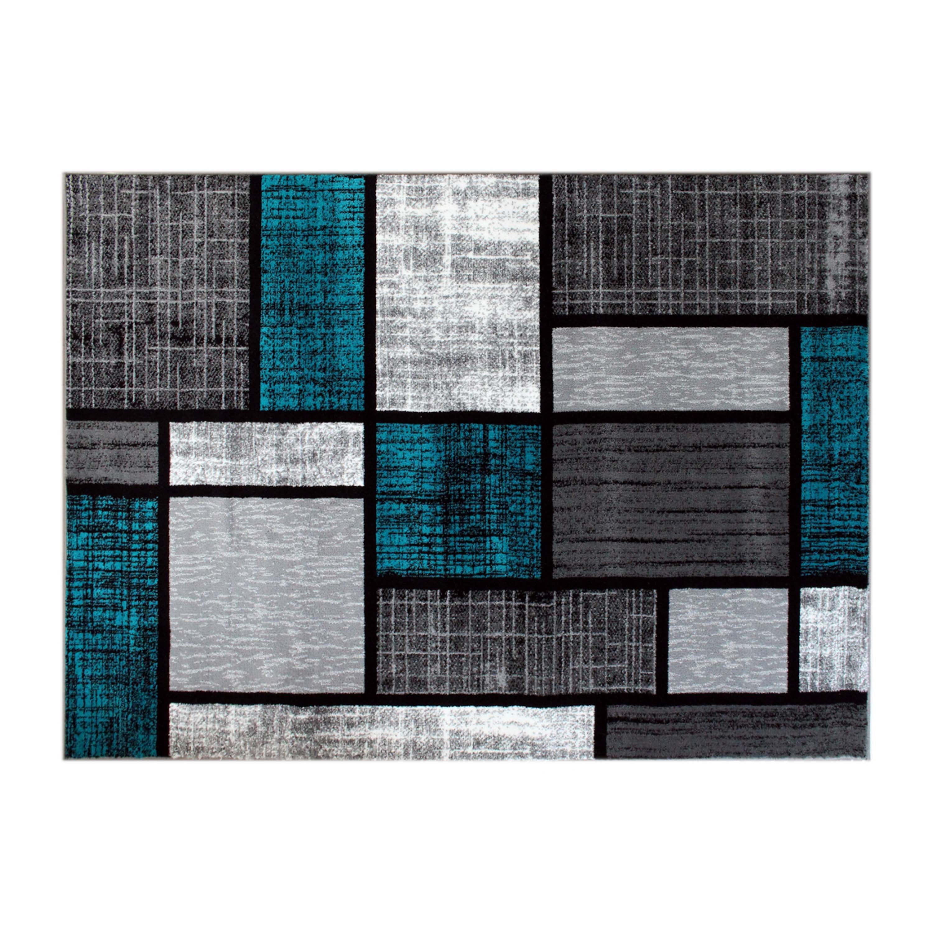 Raven Collection 5' x 7' Turquoise Color Bricked Olefin Area Rug with Jute Backing for Entryway, Living Room, Bedroom
