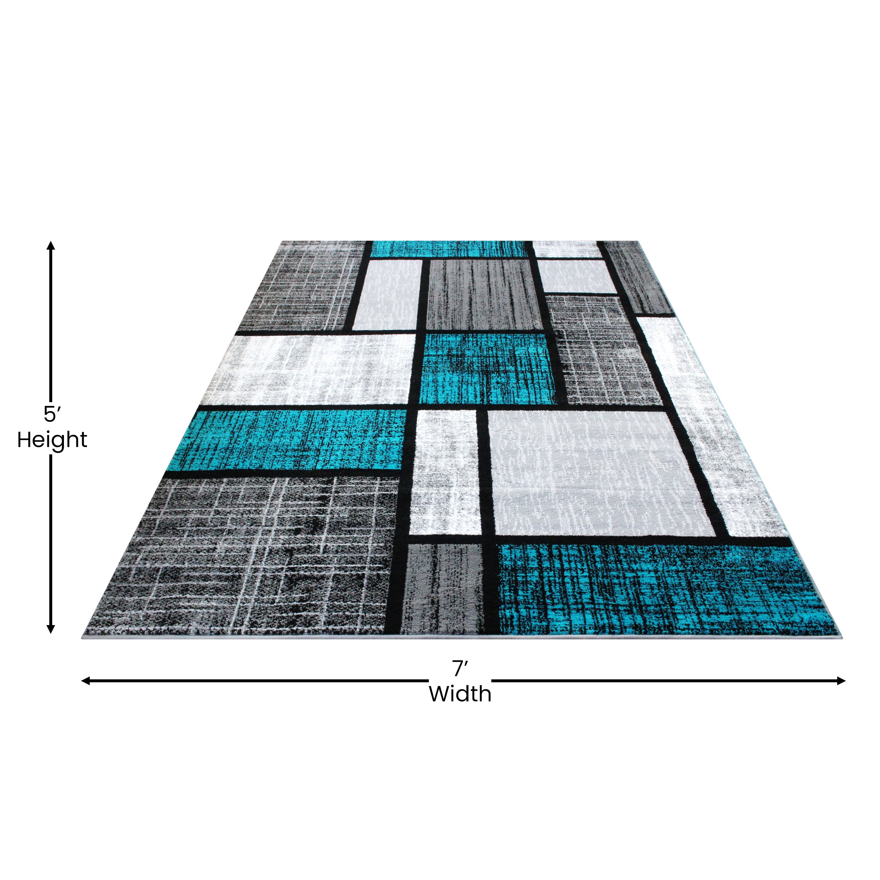 Raven Collection 5' x 7' Turquoise Color Bricked Olefin Area Rug with Jute Backing for Entryway, Living Room, Bedroom
