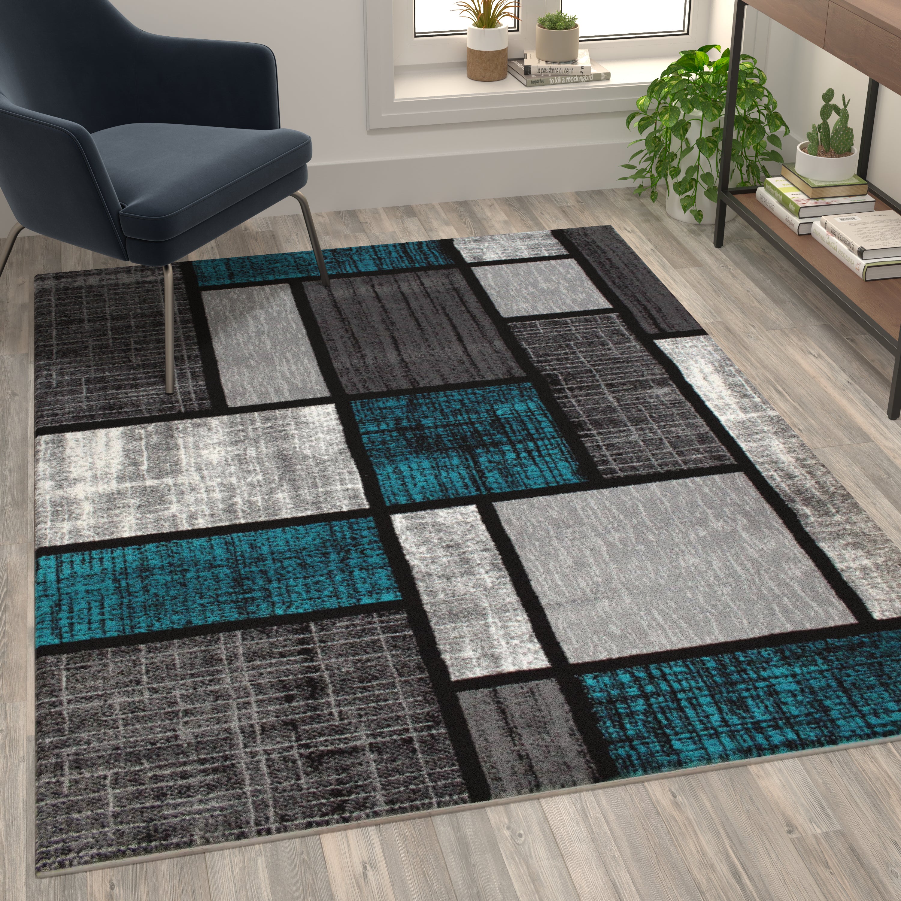 Raven Collection 5' x 7' Turquoise Color Bricked Olefin Area Rug with Jute Backing for Entryway, Living Room, Bedroom