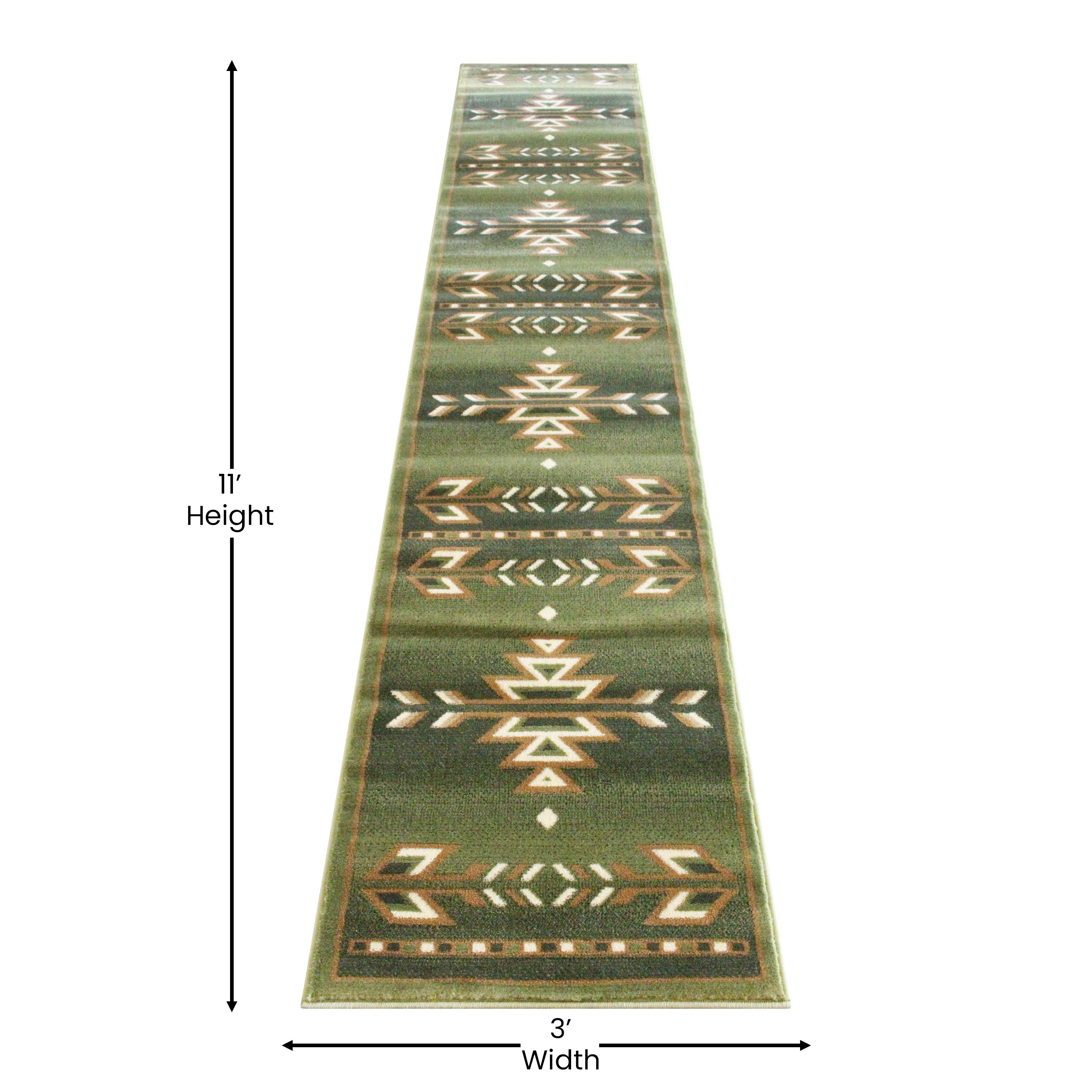 Lodi Collection Southwestern 2' x 11' Green Area Rug - Olefin Rug with Jute Backing for Hallway, Entryway, Bedroom, Living Room