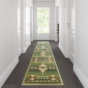 Lodi Collection Southwestern 2' x 11' Green Area Rug - Olefin Rug with Jute Backing for Hallway, Entryway, Bedroom, Living Room