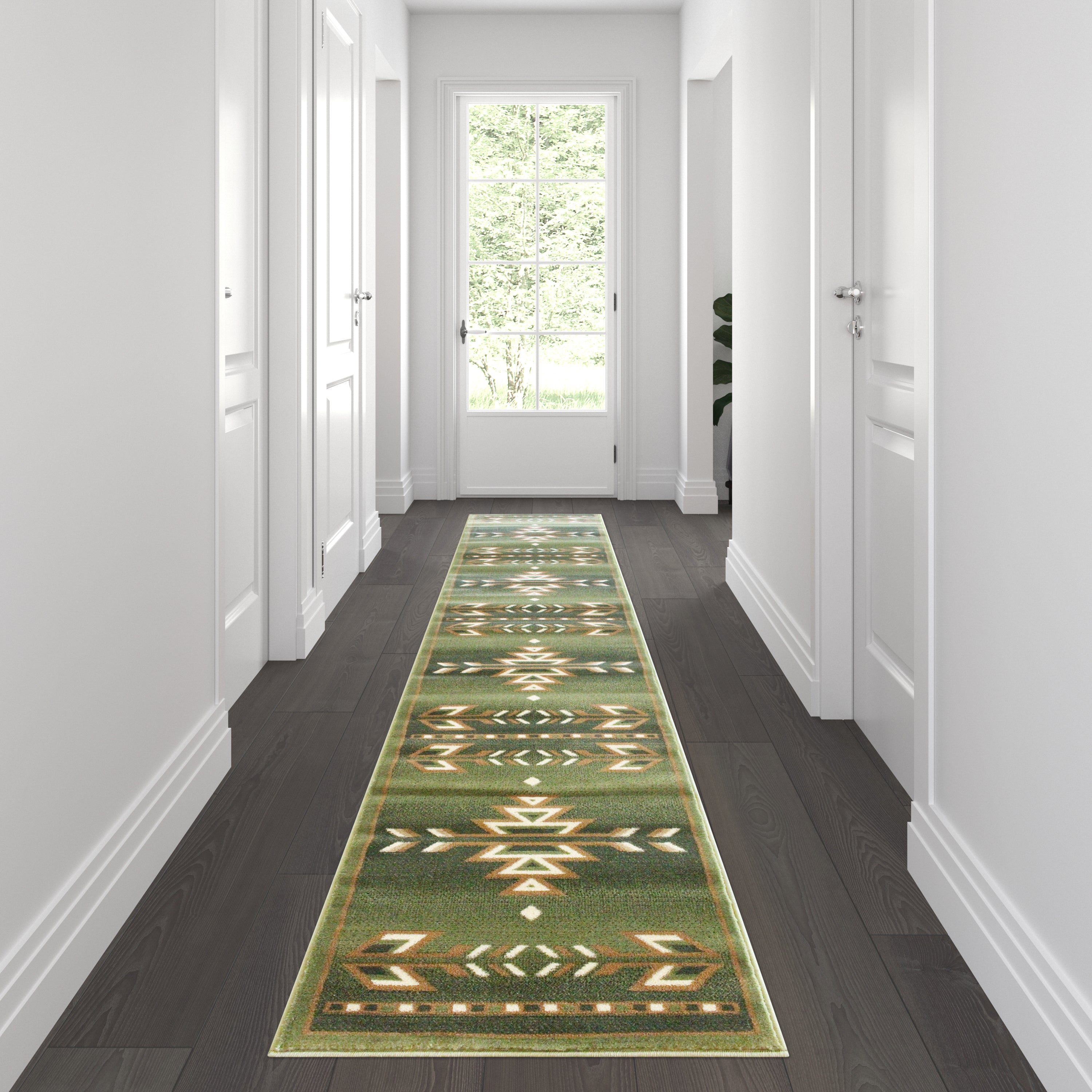 Lodi Collection Southwestern 2' x 11' Green Area Rug - Olefin Rug with Jute Backing for Hallway, Entryway, Bedroom, Living Room
