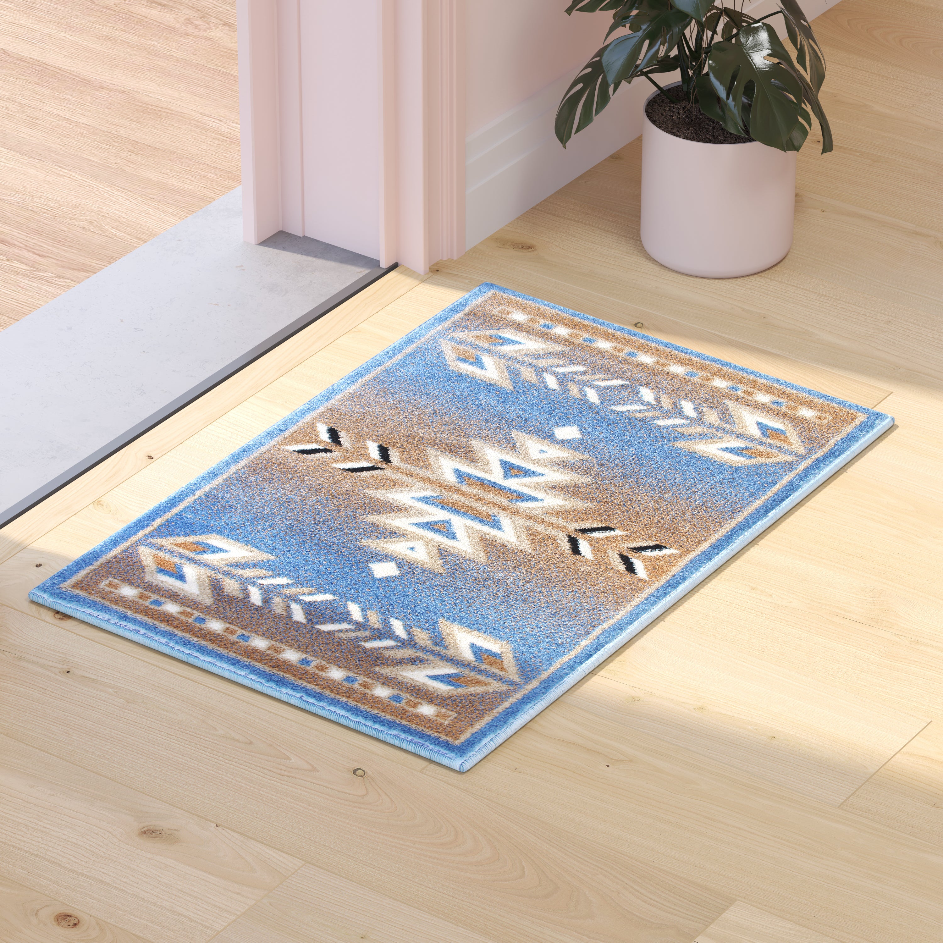Lodi Collection Southwestern 2' x 3' Blue Area Rug - Olefin Rug with Jute Backing for Hallway, Entryway, Bedroom, Living Room