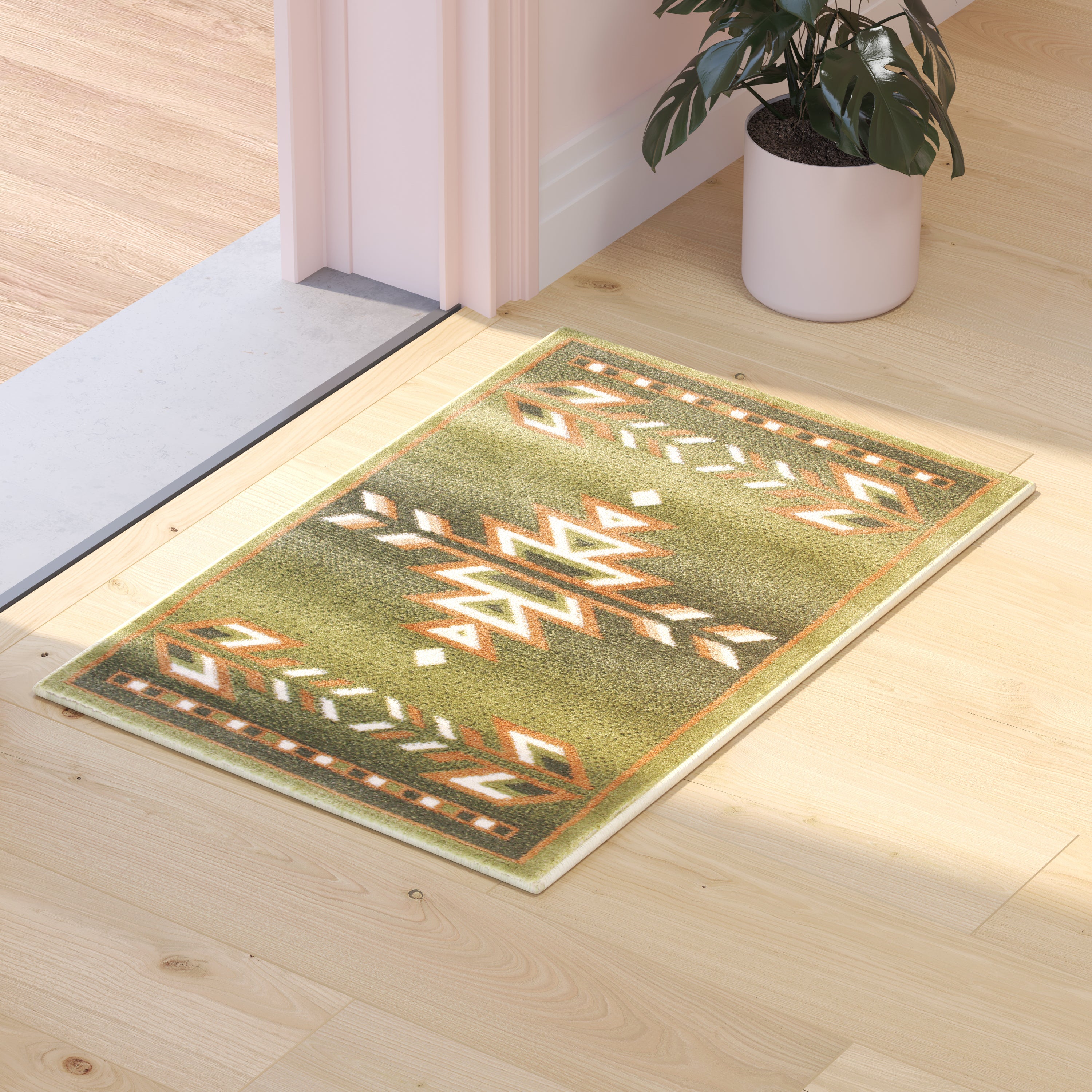 Lodi Collection Southwestern 2' x 3' Green Area Rug - Olefin Rug with Jute Backing for Hallway, Entryway, Bedroom, Living Room