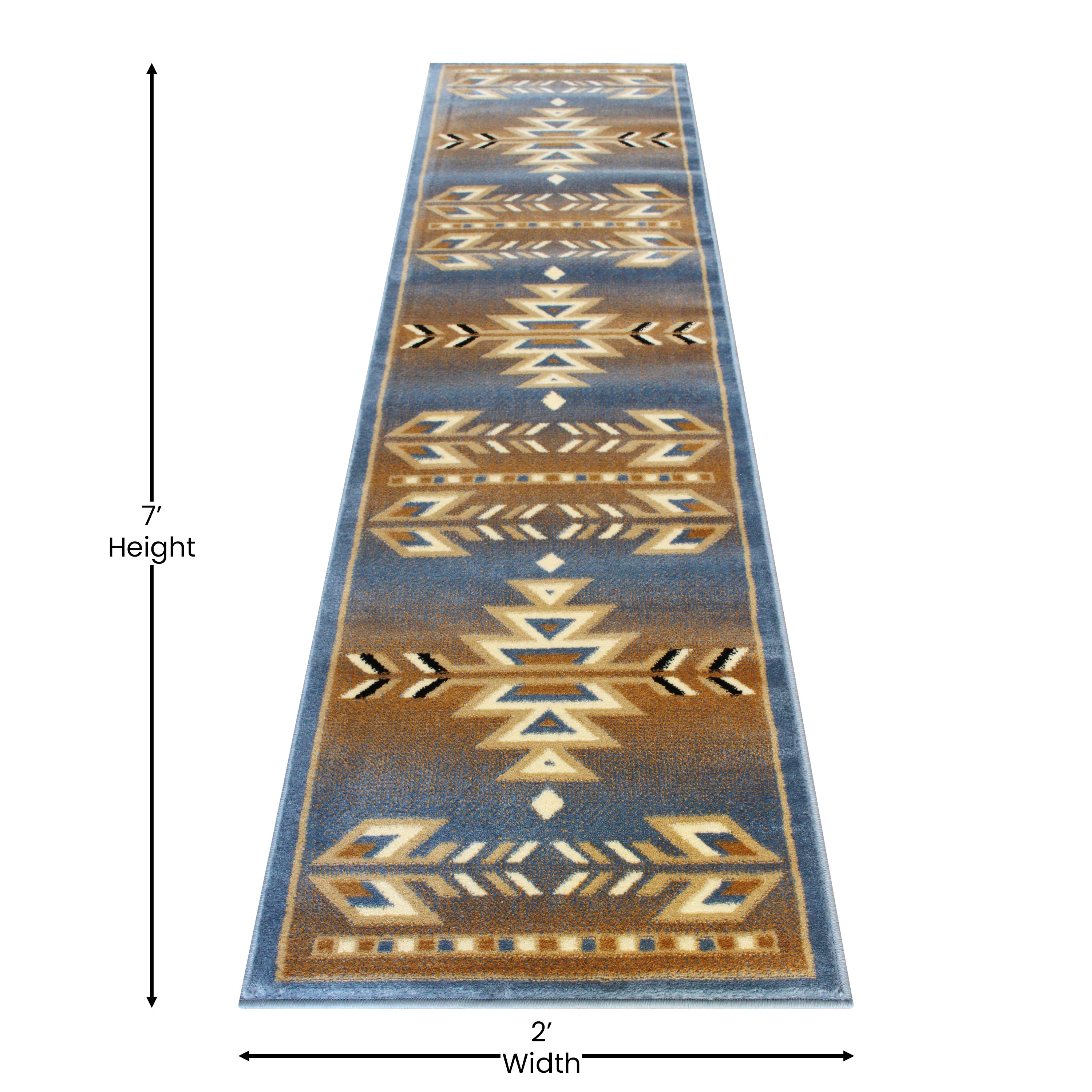 Lodi Collection Southwestern 2' x 7' Blue Area Rug - Olefin Rug with Jute Backing for Hallway, Entryway, Bedroom, Living Room