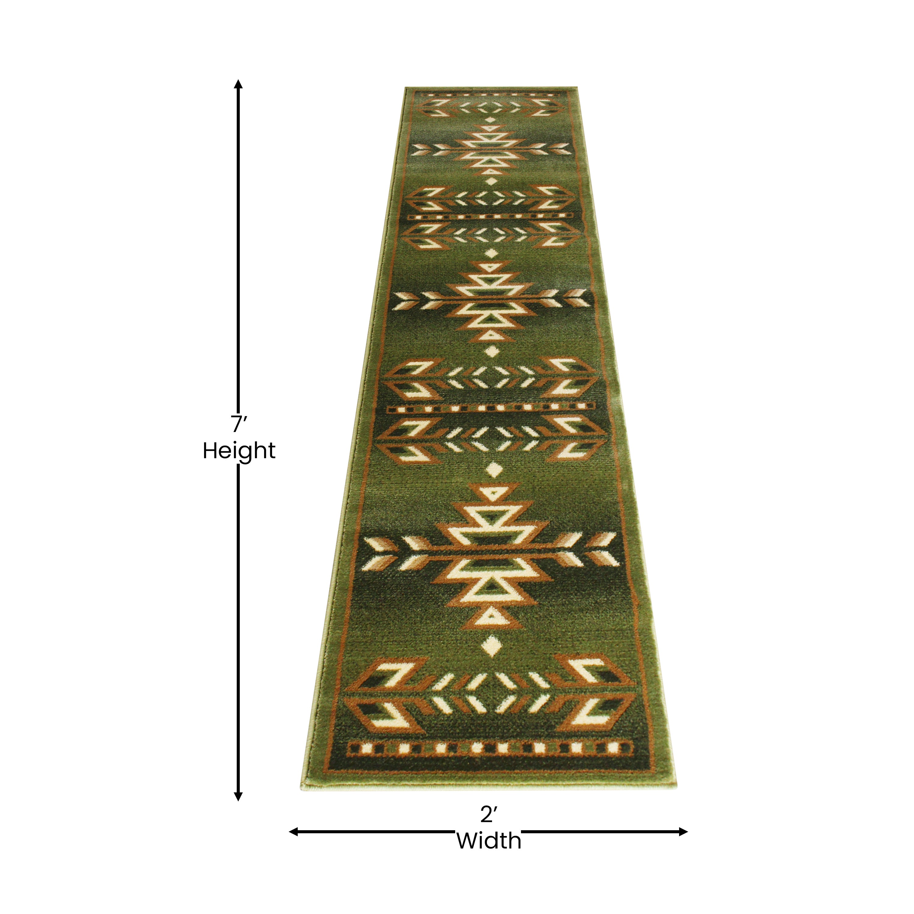 Lodi Collection Southwestern 2' x 7' Green Area Rug - Olefin Rug with Jute Backing for Hallway, Entryway, Bedroom, Living Room