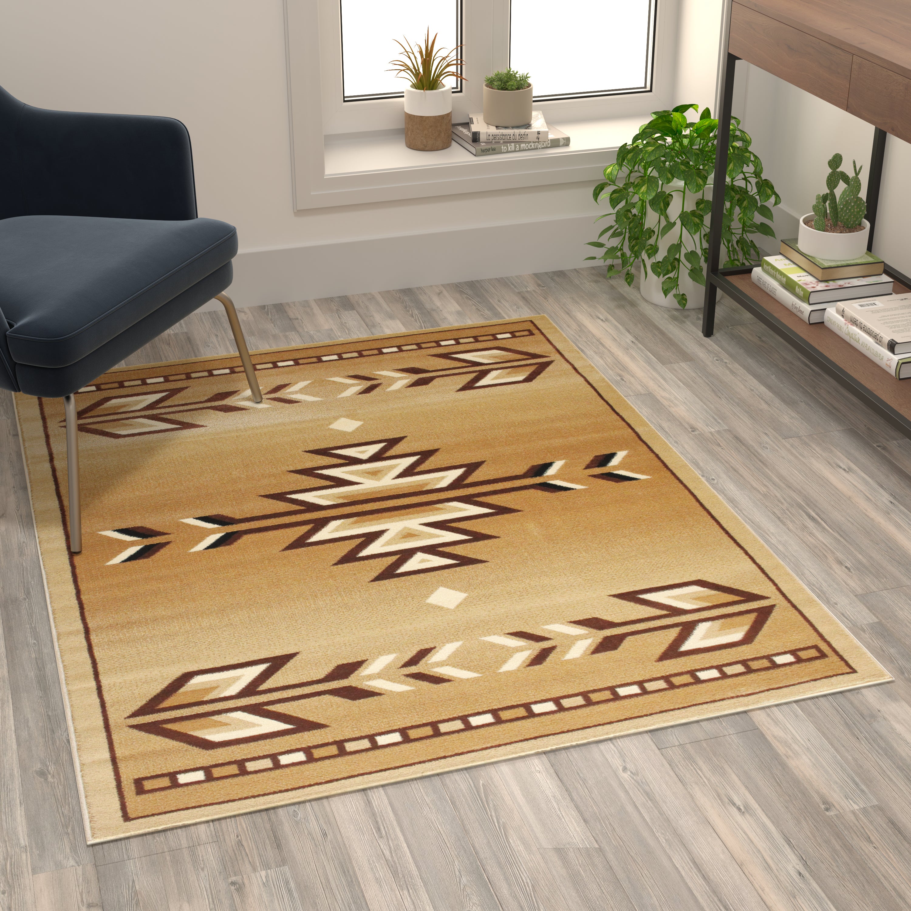 Lodi Collection Southwestern 4' x 5' Brown Area Rug - Olefin Rug with Jute Backing for Hallway, Entryway, Bedroom, Living Room