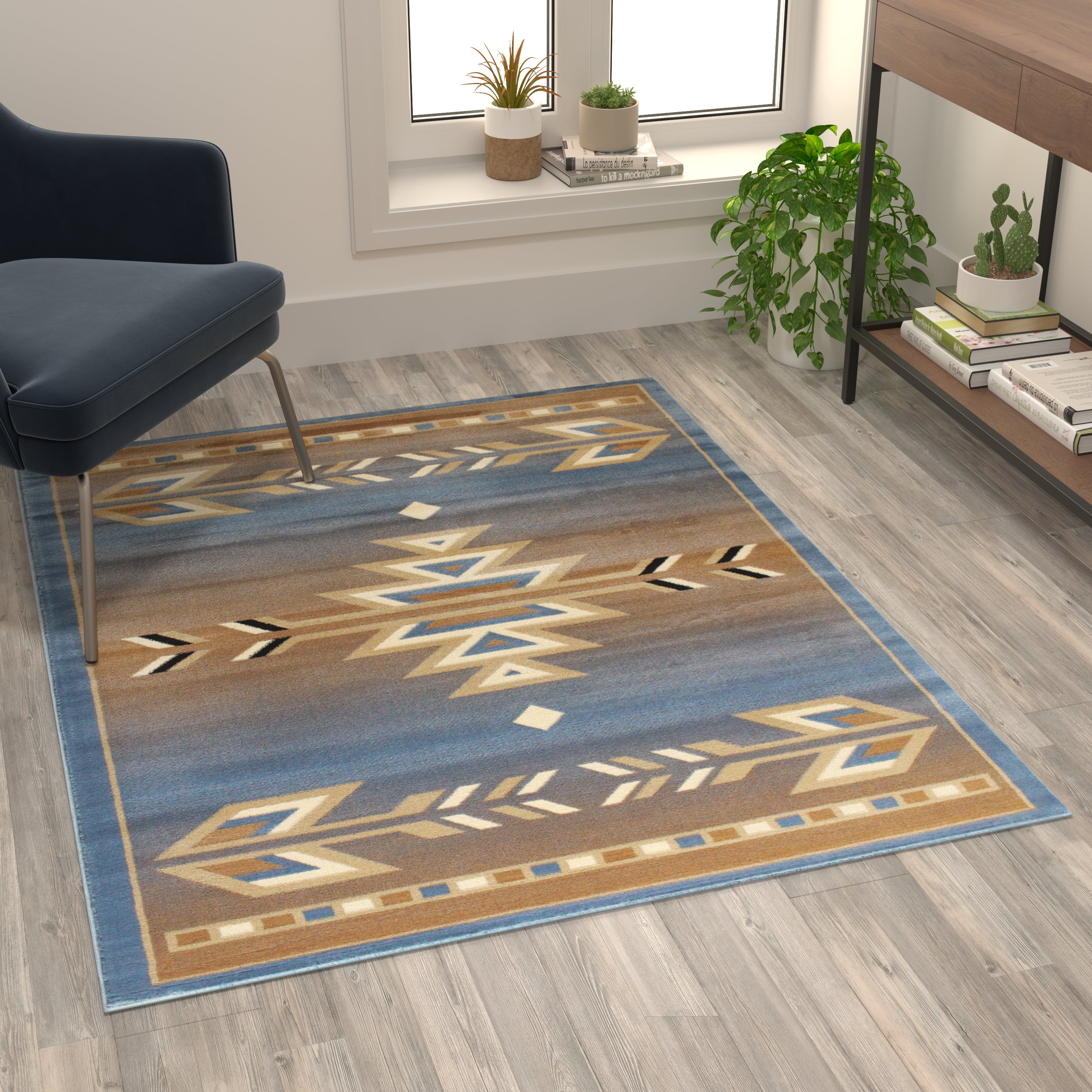 Lodi Collection Southwestern 4' x 5' Blue Area Rug - Olefin Rug with Jute Backing for Hallway, Entryway, Bedroom, Living Room