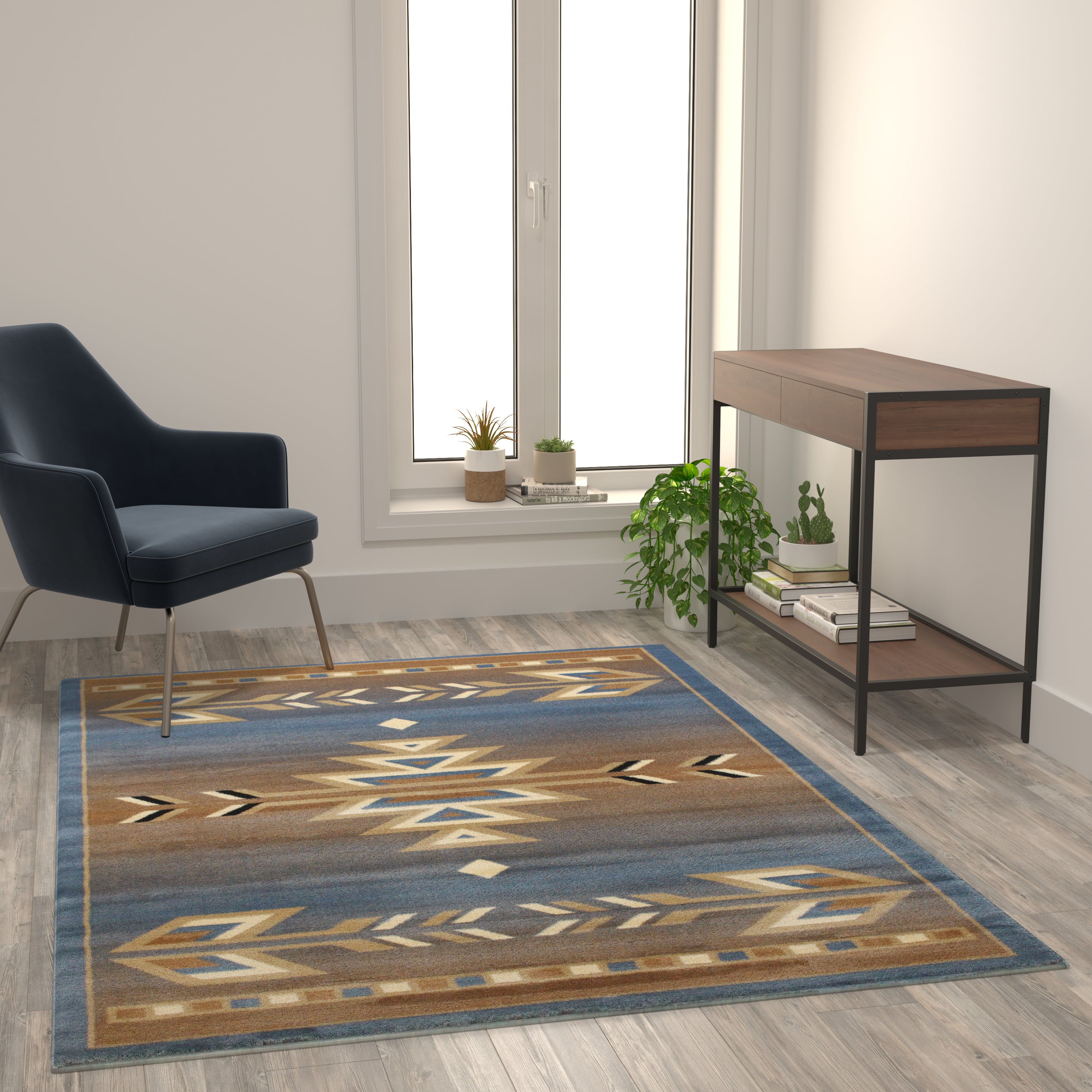 Lodi Collection Southwestern 5' x 7' Blue Area Rug - Olefin Rug with Jute Backing for Hallway, Entryway, Bedroom, Living Room