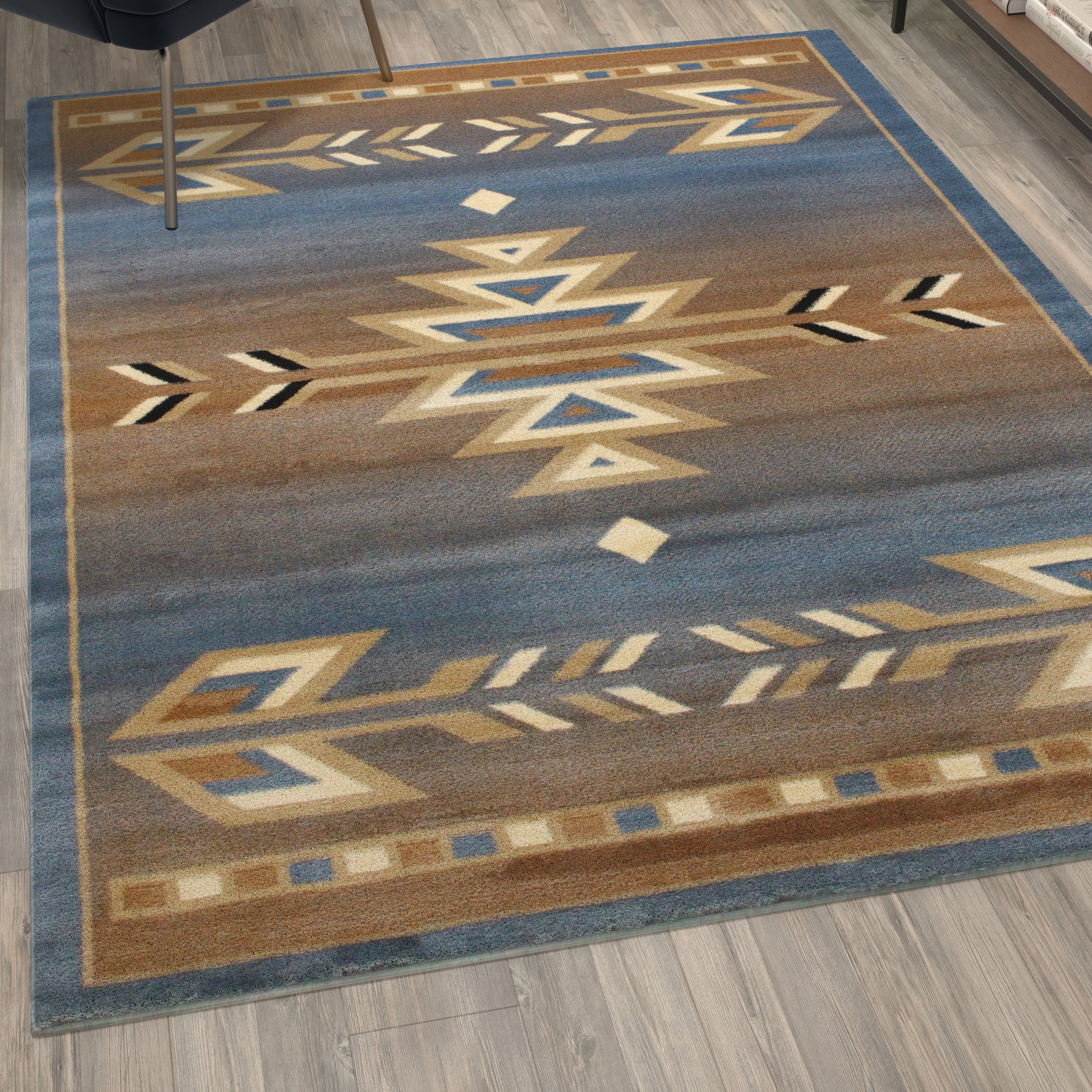 Lodi Collection Southwestern 5' x 7' Blue Area Rug - Olefin Rug with Jute Backing for Hallway, Entryway, Bedroom, Living Room