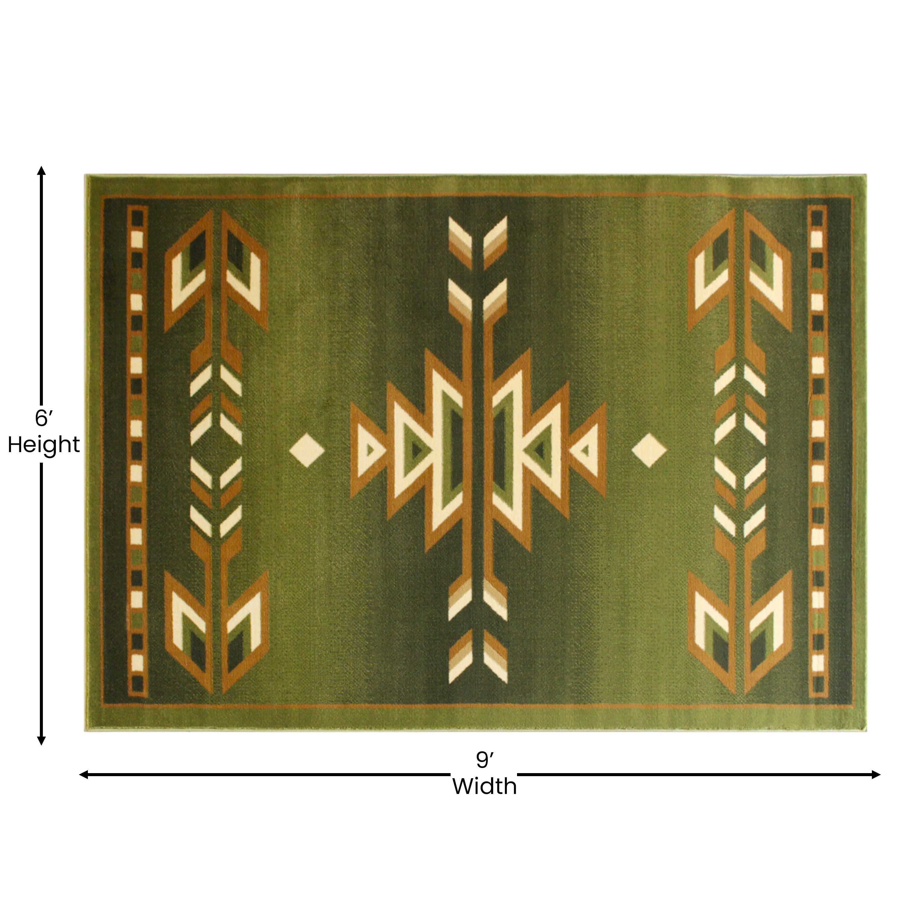 Lodi Collection Southwestern 6' x 9' Green Area Rug - Olefin Rug with Jute Backing for Hallway, Entryway, Bedroom, Living Room