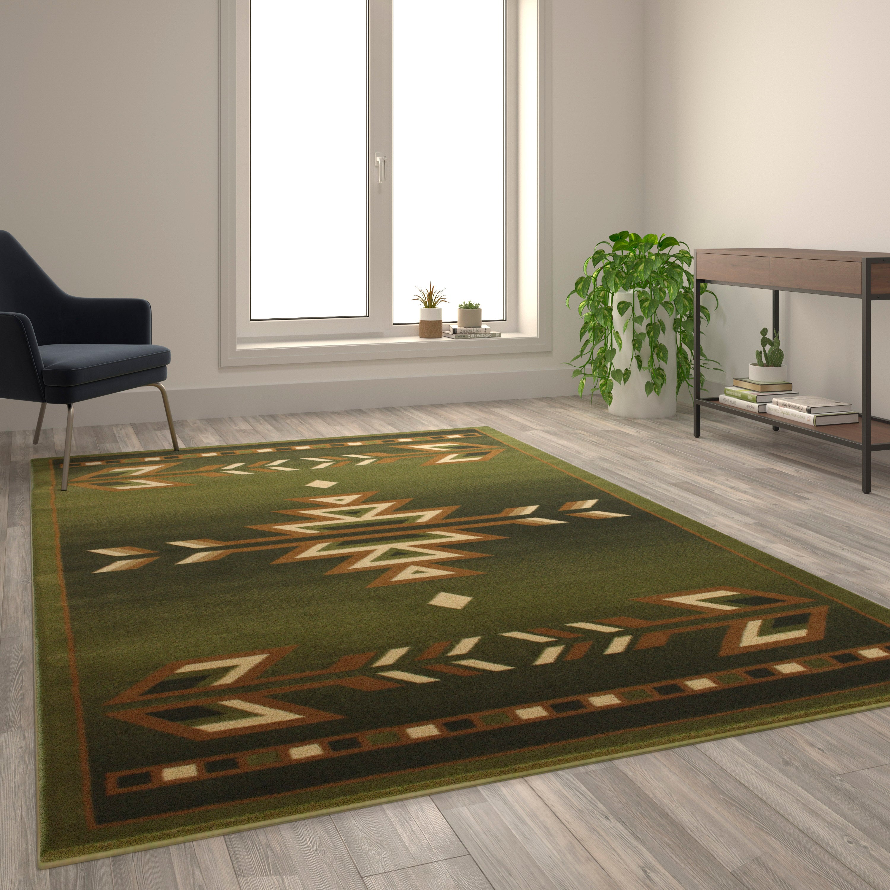 Lodi Collection Southwestern 6' x 9' Green Area Rug - Olefin Rug with Jute Backing for Hallway, Entryway, Bedroom, Living Room