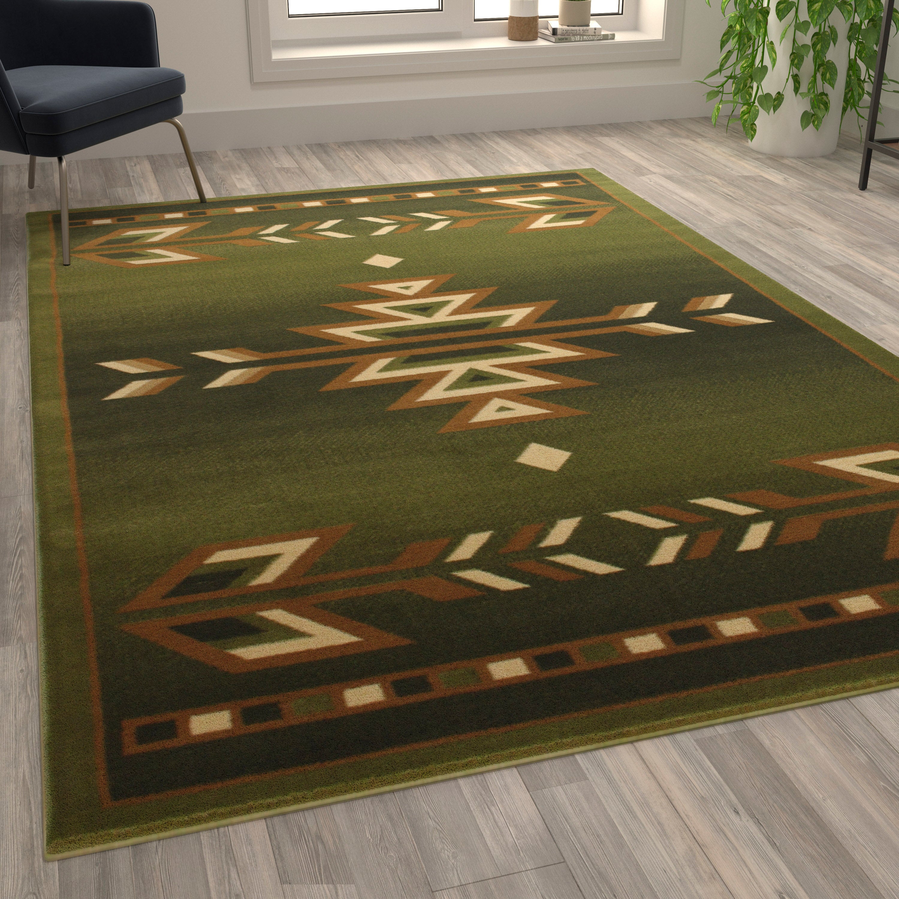 Lodi Collection Southwestern 6' x 9' Green Area Rug - Olefin Rug with Jute Backing for Hallway, Entryway, Bedroom, Living Room