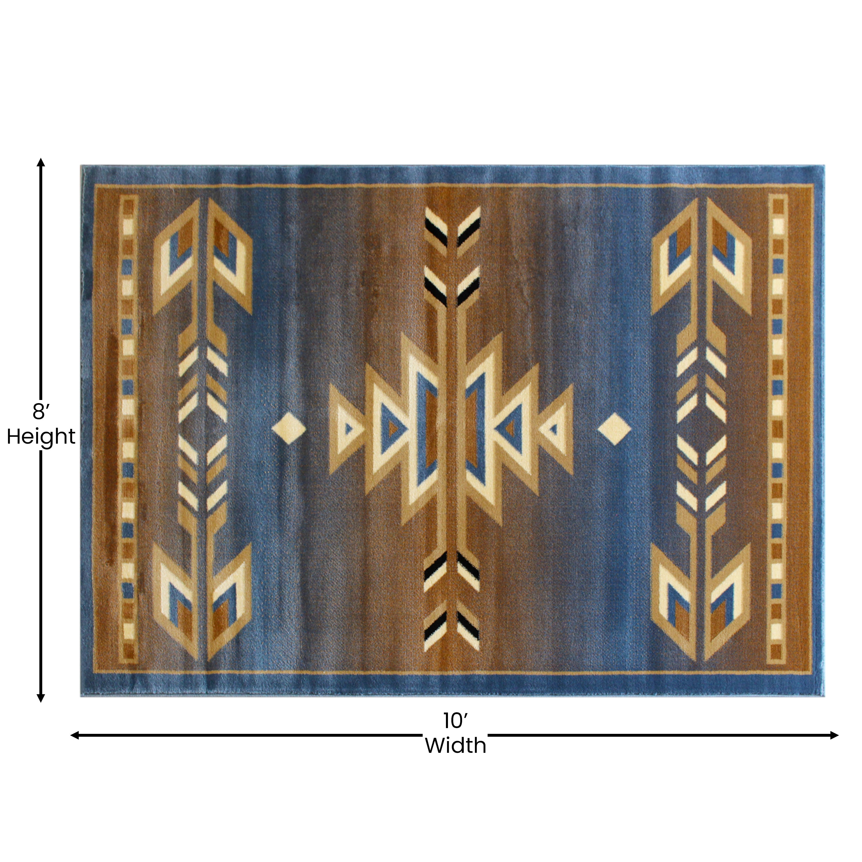Lodi Collection Southwestern 8' x 10' Blue Area Rug - Olefin Rug with Jute Backing for Hallway, Entryway, Bedroom, Living Room
