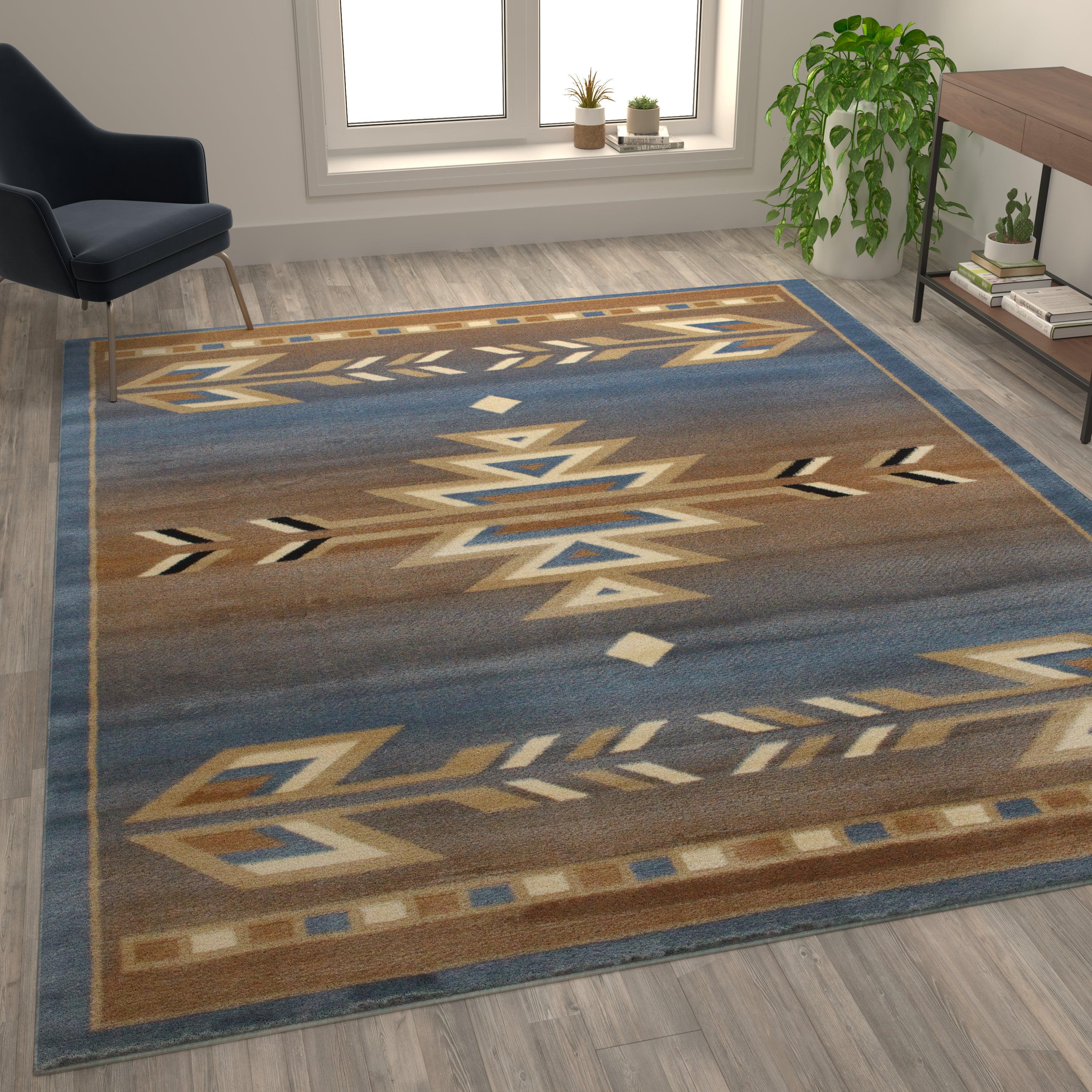 Lodi Collection Southwestern 8' x 10' Blue Area Rug - Olefin Rug with Jute Backing for Hallway, Entryway, Bedroom, Living Room