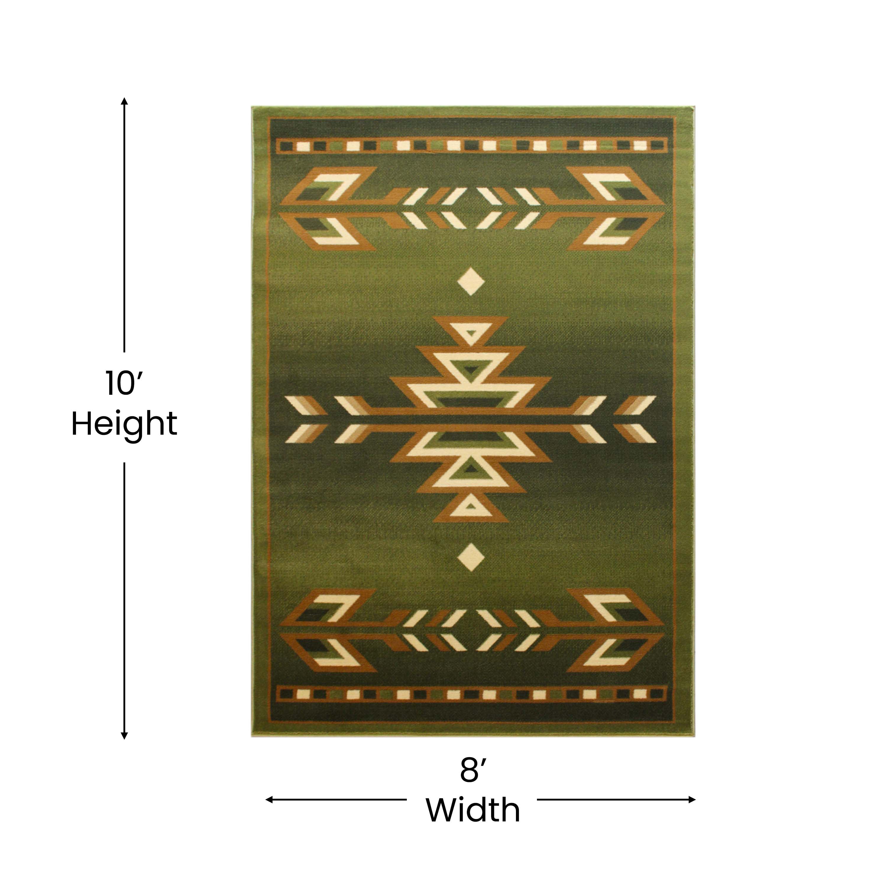 Lodi Collection Southwestern 8' x 10' Green Area Rug - Olefin Rug with Jute Backing for Hallway, Entryway, Bedroom, Living Room