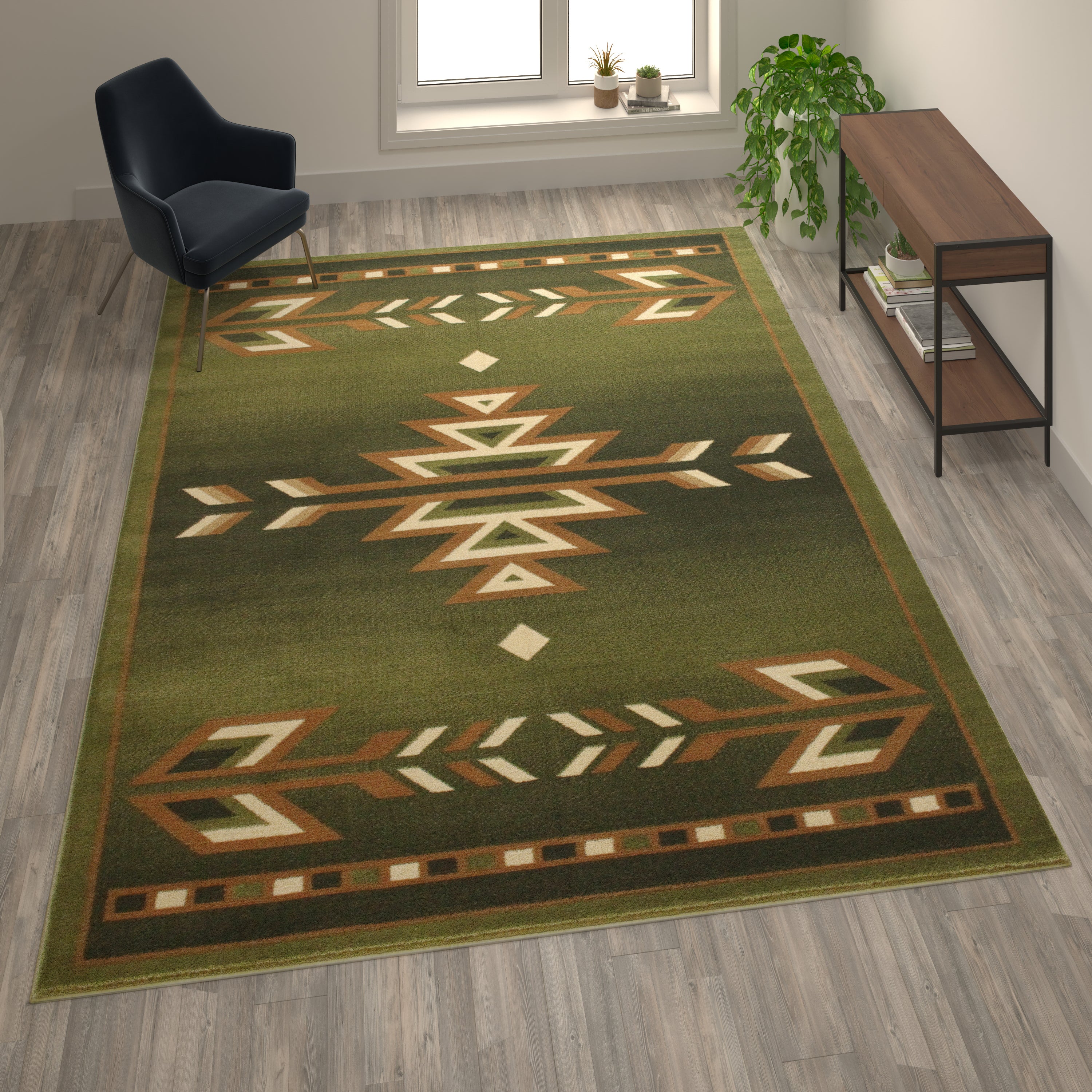 Lodi Collection Southwestern 8' x 10' Green Area Rug - Olefin Rug with Jute Backing for Hallway, Entryway, Bedroom, Living Room