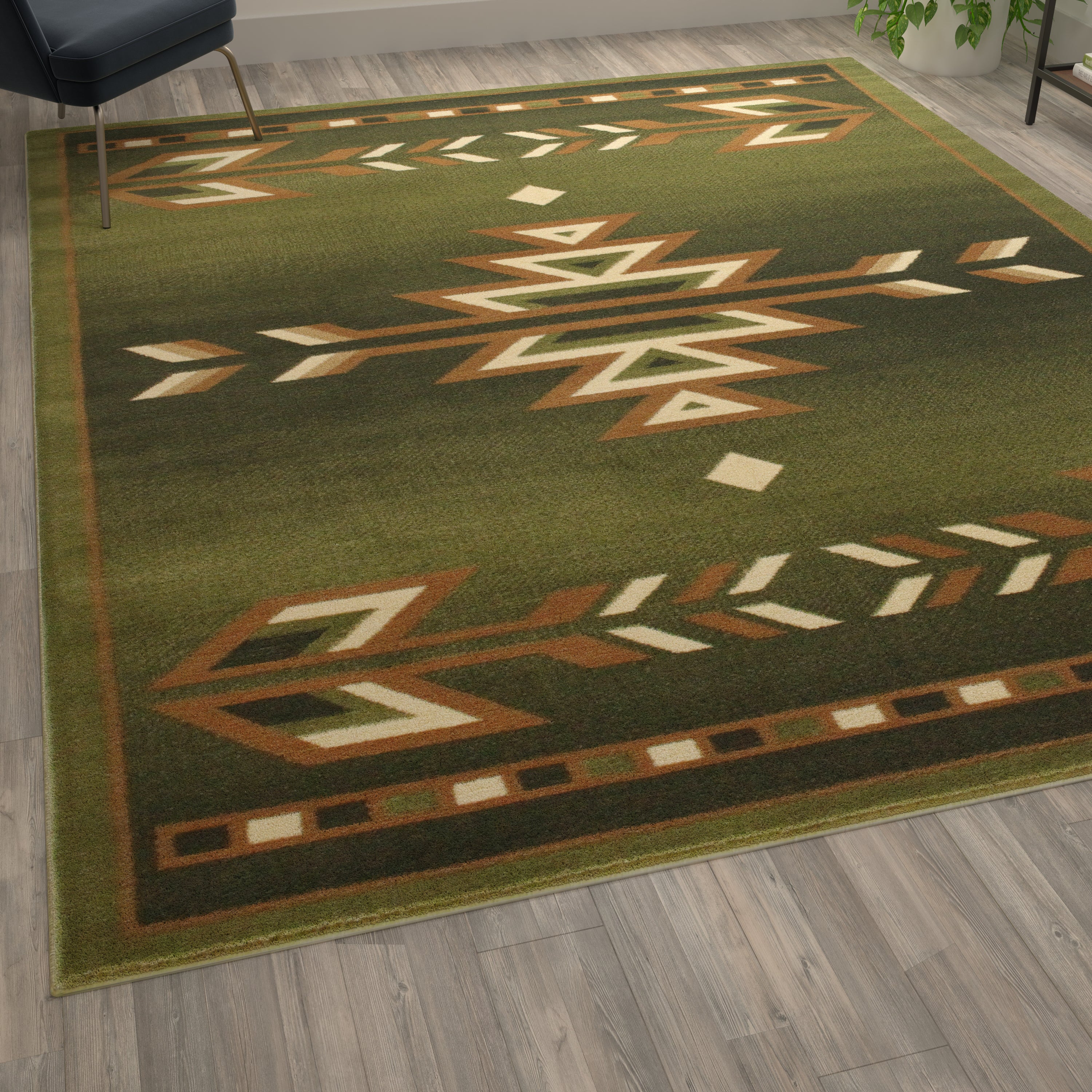 Lodi Collection Southwestern 8' x 10' Green Area Rug - Olefin Rug with Jute Backing for Hallway, Entryway, Bedroom, Living Room