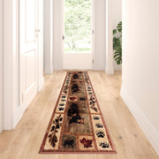 Vassa Collection 2' x 7' Mother Bear & Cubs Nature Themed Olefin Area Rug with Jute Backing for Entryway, Living Room, Bedroom